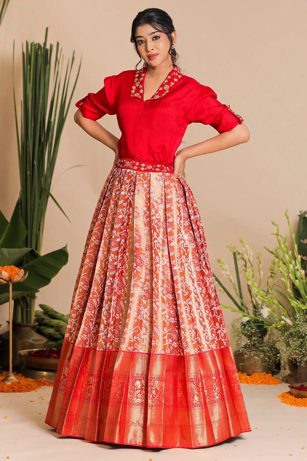 Stylish Meera Indo Western red lehenga pose