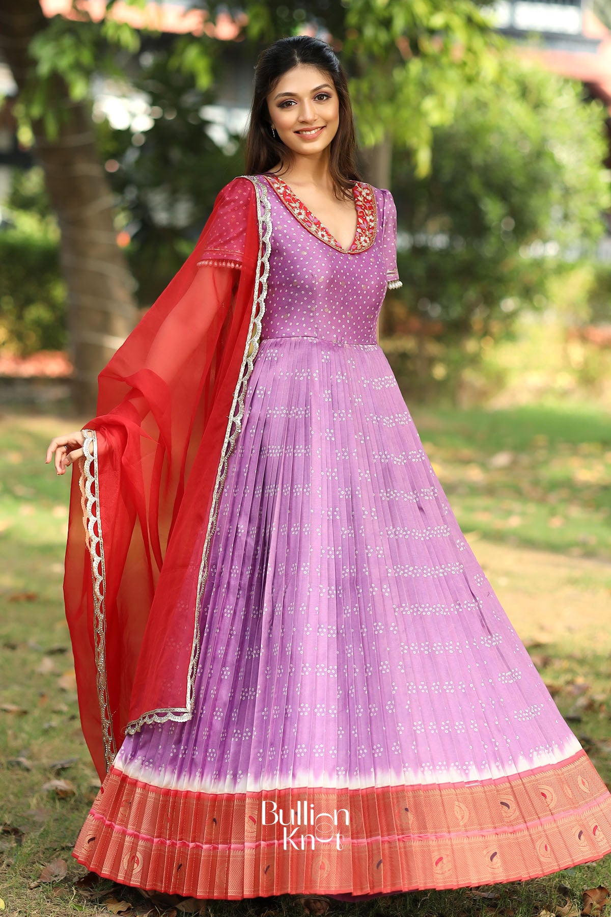 Meraki Bandhani Silk Pattu (Dress) in Pastel Violet