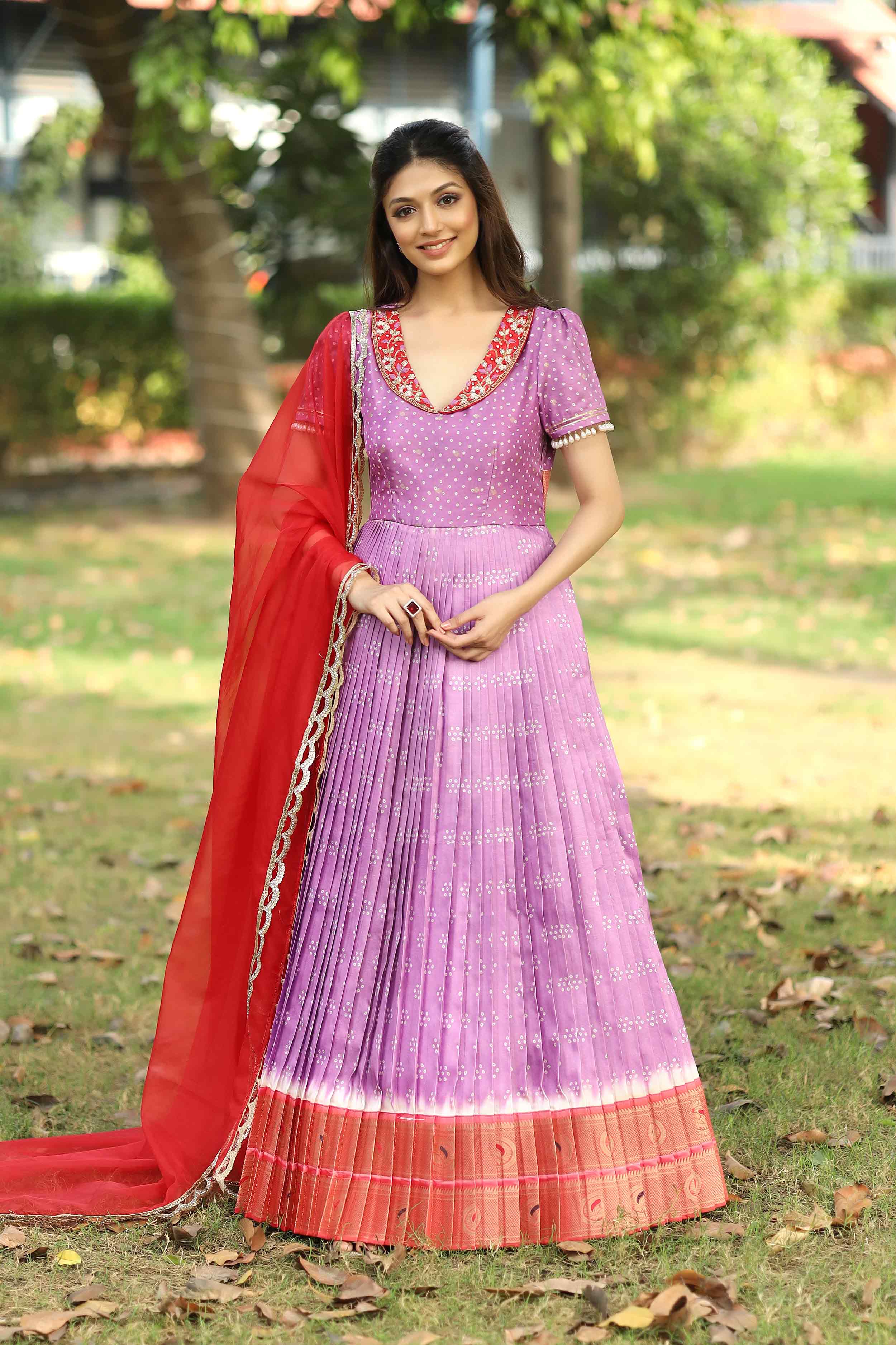 Meraki Lavender Bandhani Silk Pattu Dress - Bullionknot