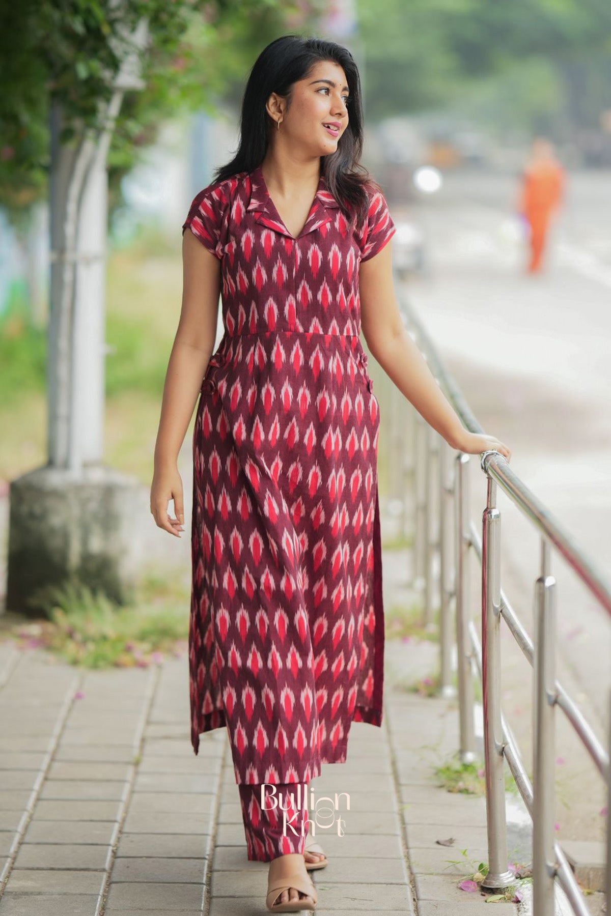 Milania Ikkat Co-ord Set in Maroon