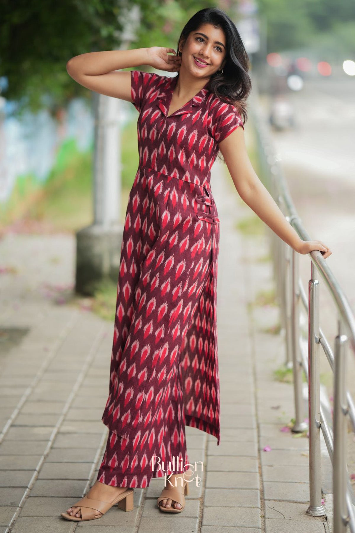 Milania Ikkat Co-ord Set in Maroon