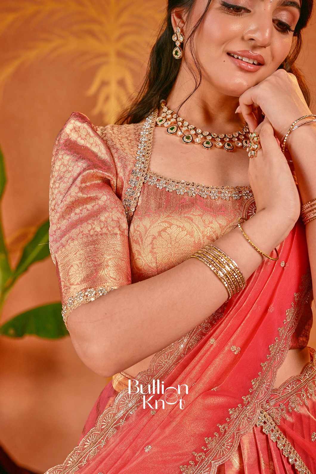 Mohini | Coral Red Tissue Zari Lehenga Set for Festive Style