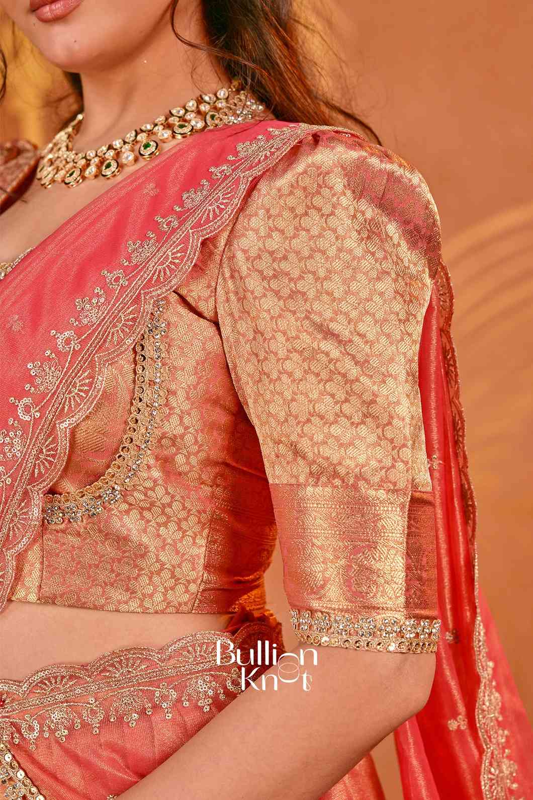 Mohini | Coral Red Tissue Zari Lehenga Set for Festive Style