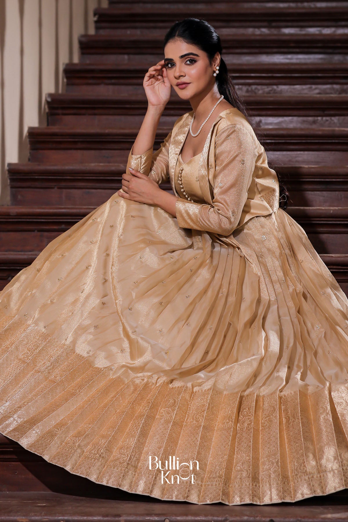 Nainika Zari Tissue Golden Detachable Jacket Gown Dress Nainika Zari Tissue Golden Detachable Jacket Gown Dress
