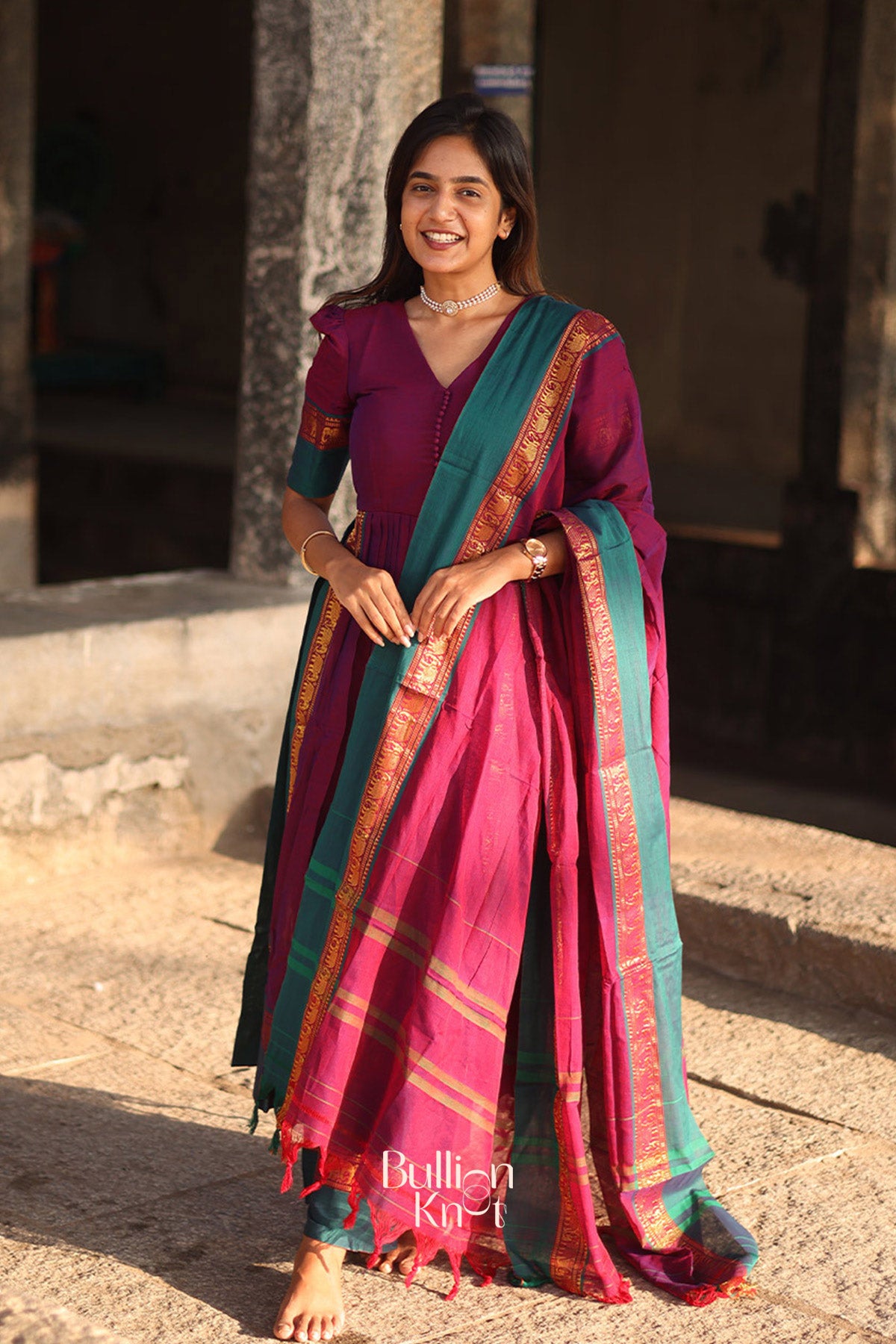 Narthaki Handloom Kurta Set (Dress) in Magenta