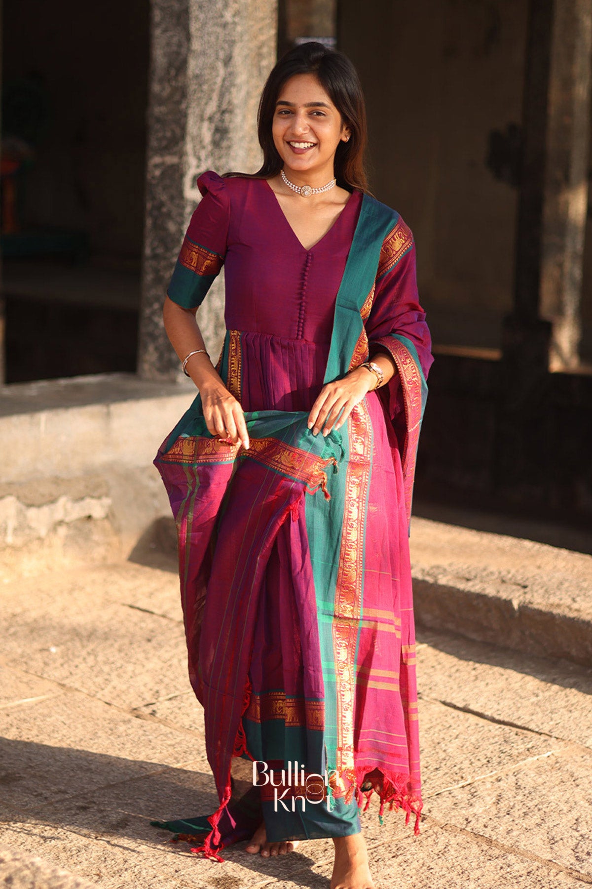 Narthaki Handloom Kurta Set (Dress) in Magenta