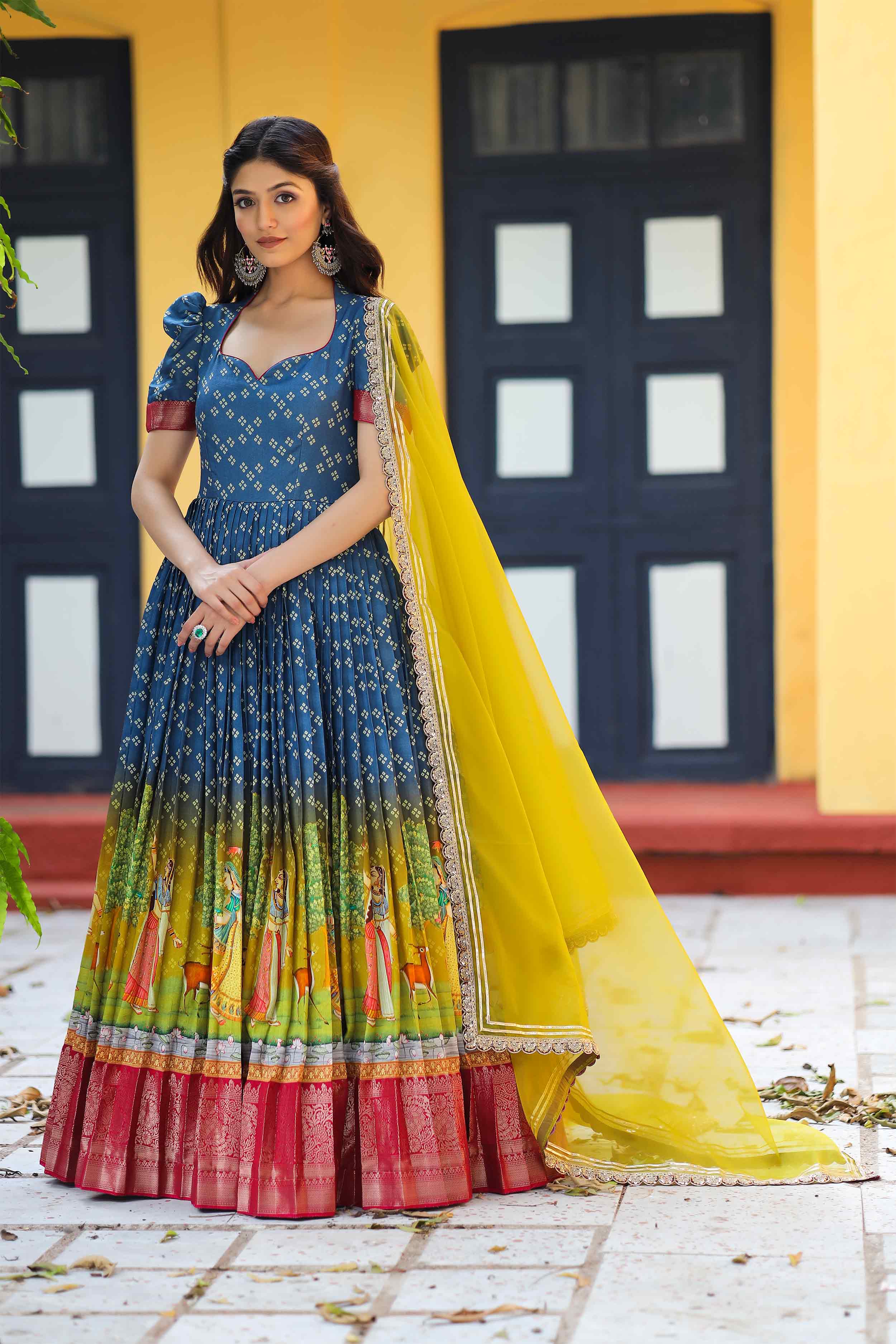 Navy Bandhej Anarkali Dress | Bullionknot