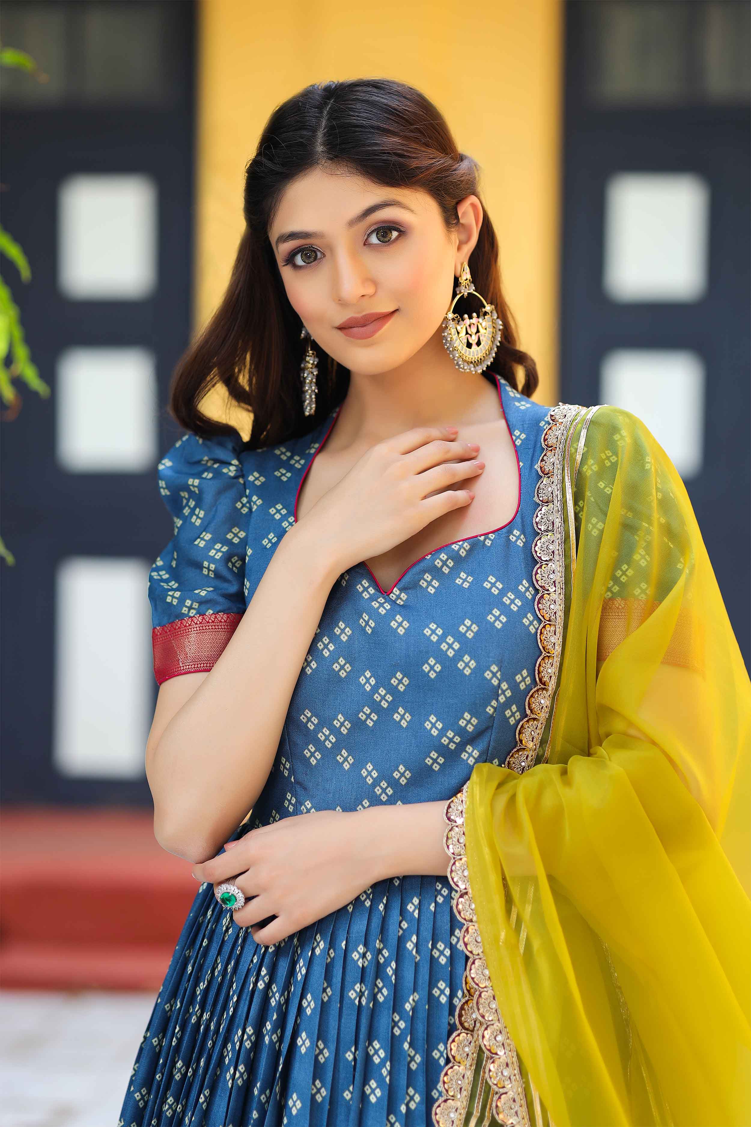 a woman in Navy Bandhej Anarkali Dress