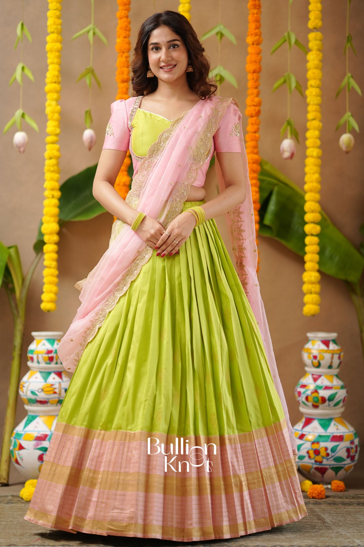 Navya Soft Silk Lime Green Lehenga full outfit front view
