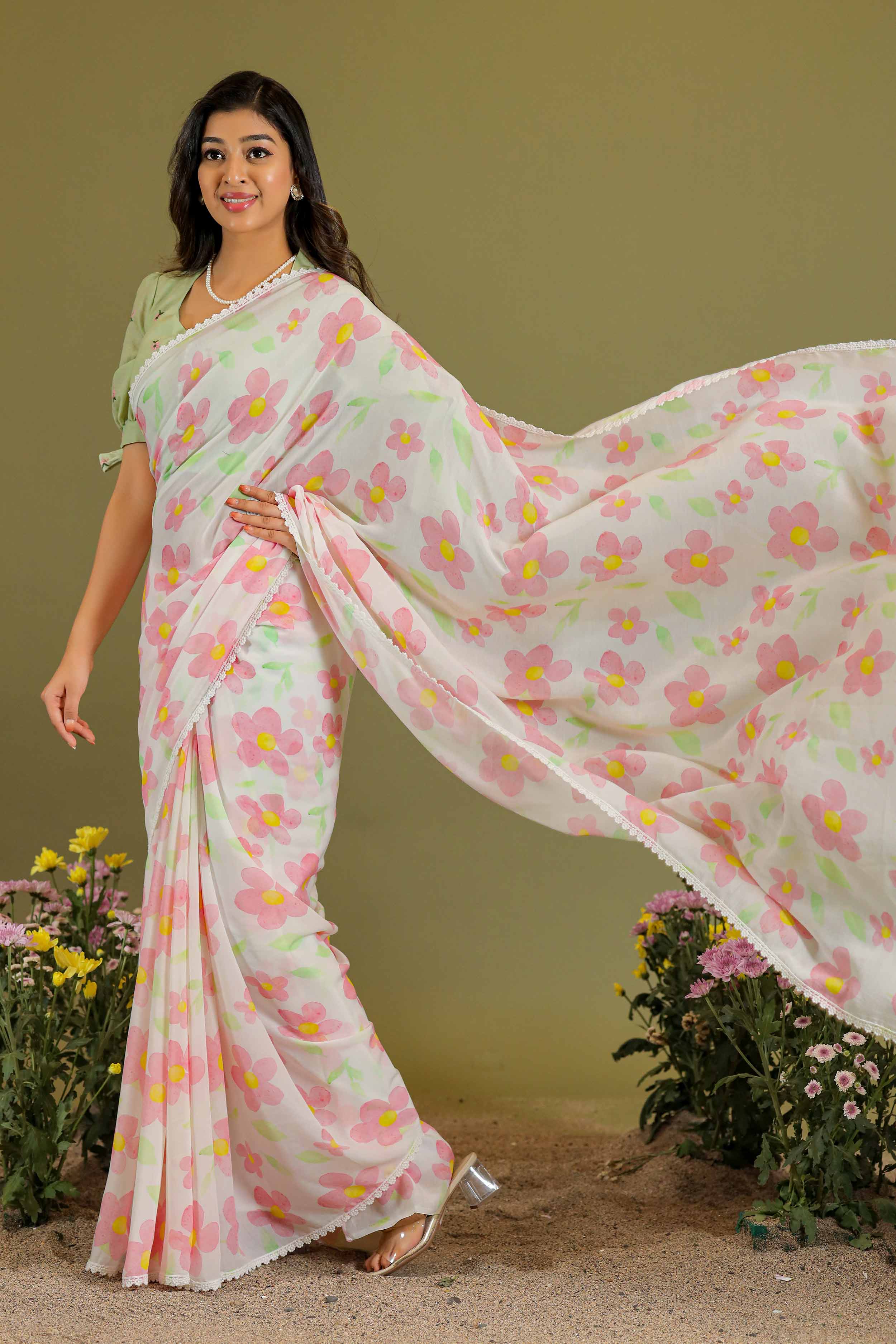 pista & white Phool Podha Saree - Bullionknot
