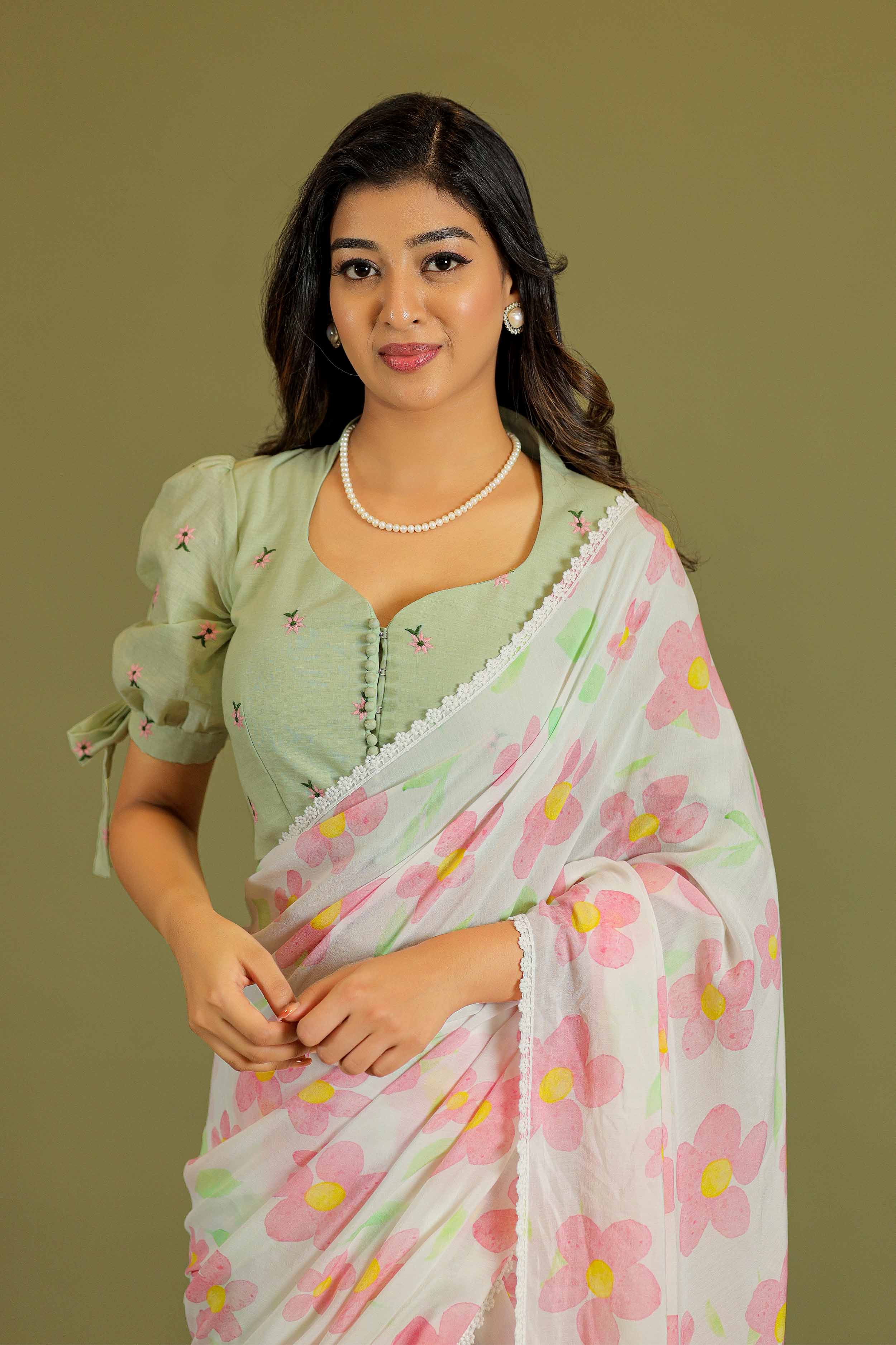 pista & white Phool Podha Saree - Bullionknot