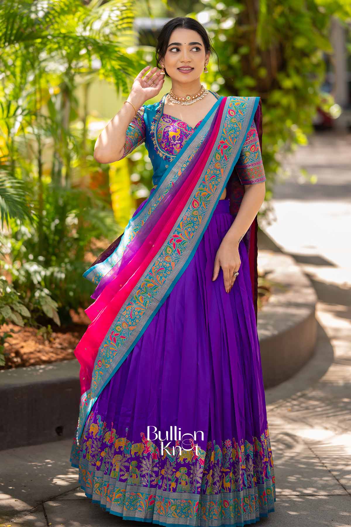 Nilkanth Mrig |Purple Silk Pashmina Lehenga