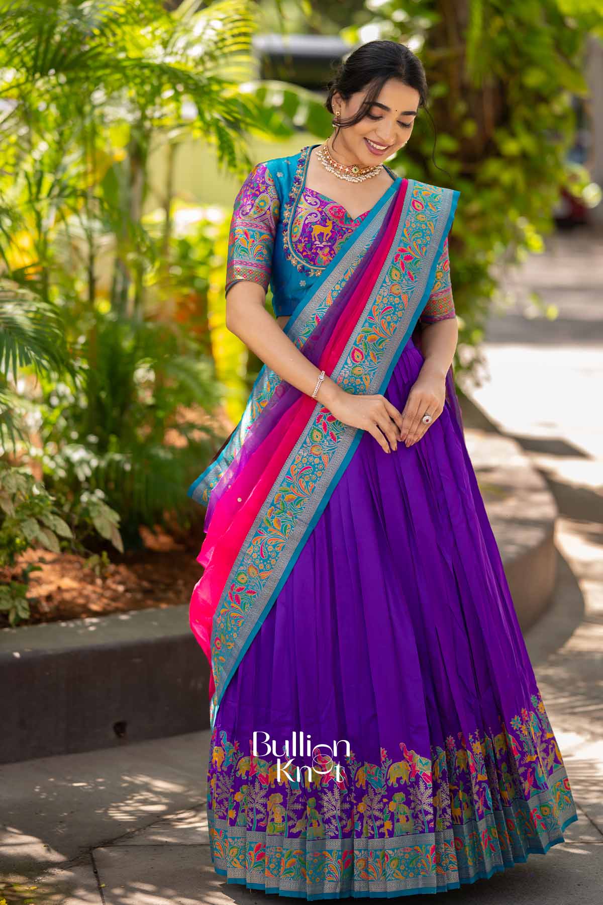 Nilkanth Mrig |Purple Silk Pashmina Lehenga