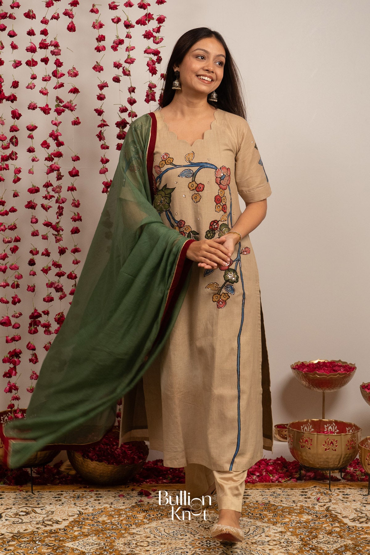 Hastchitra Pan Kalamkari Kurta Set In Beige