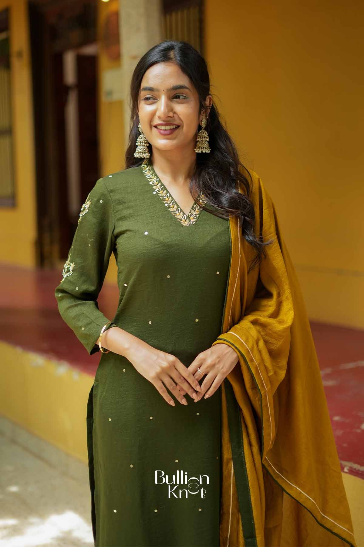 Ojasvi | Olive Kurta Set with Mustard Dupatta for Puja