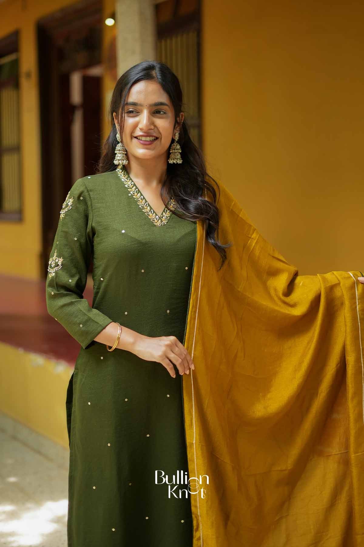 Ojasvi | Olive Kurta Set with Mustard Dupatta for Puja