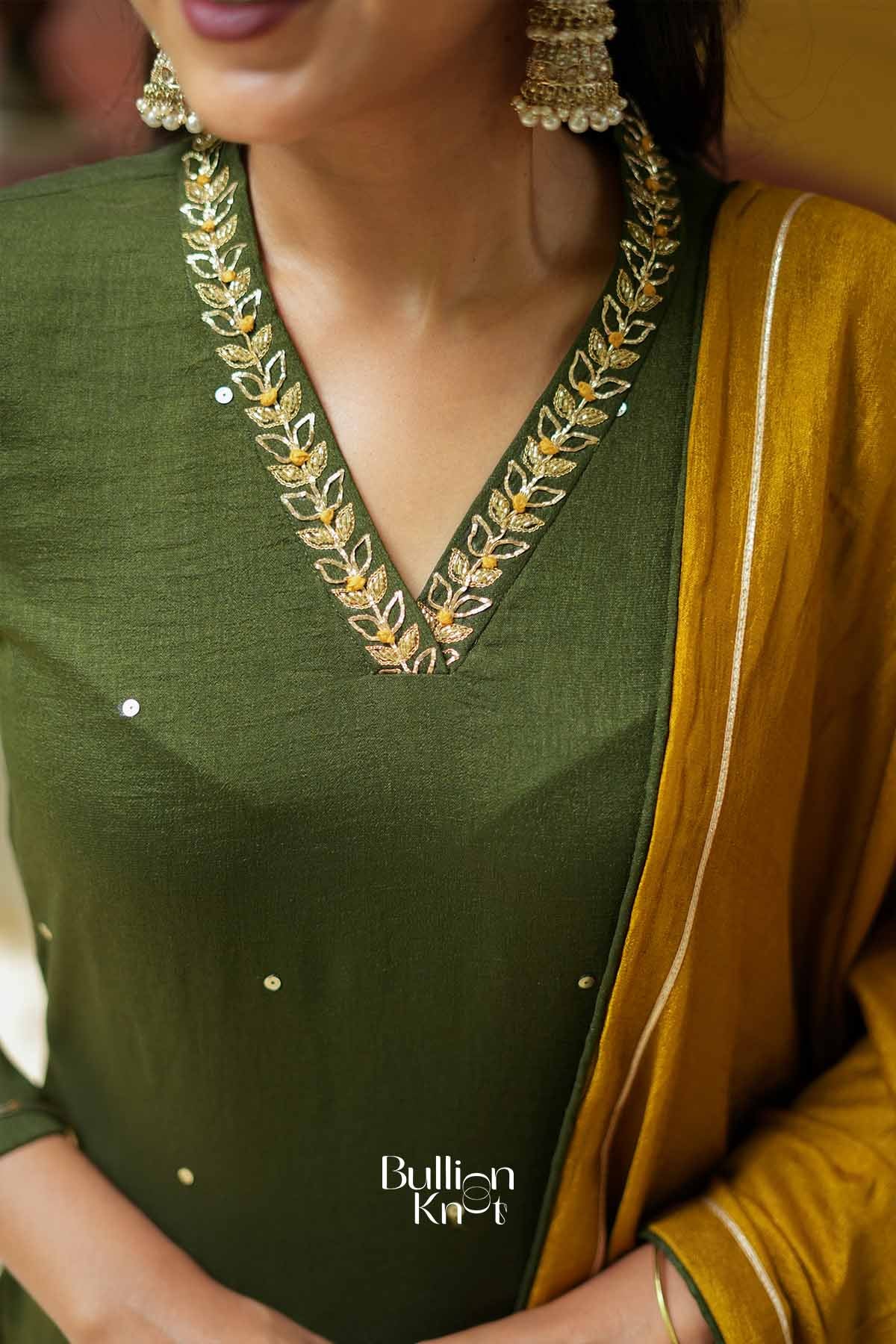 Ojasvi | Olive Kurta Set with Mustard Dupatta for Puja