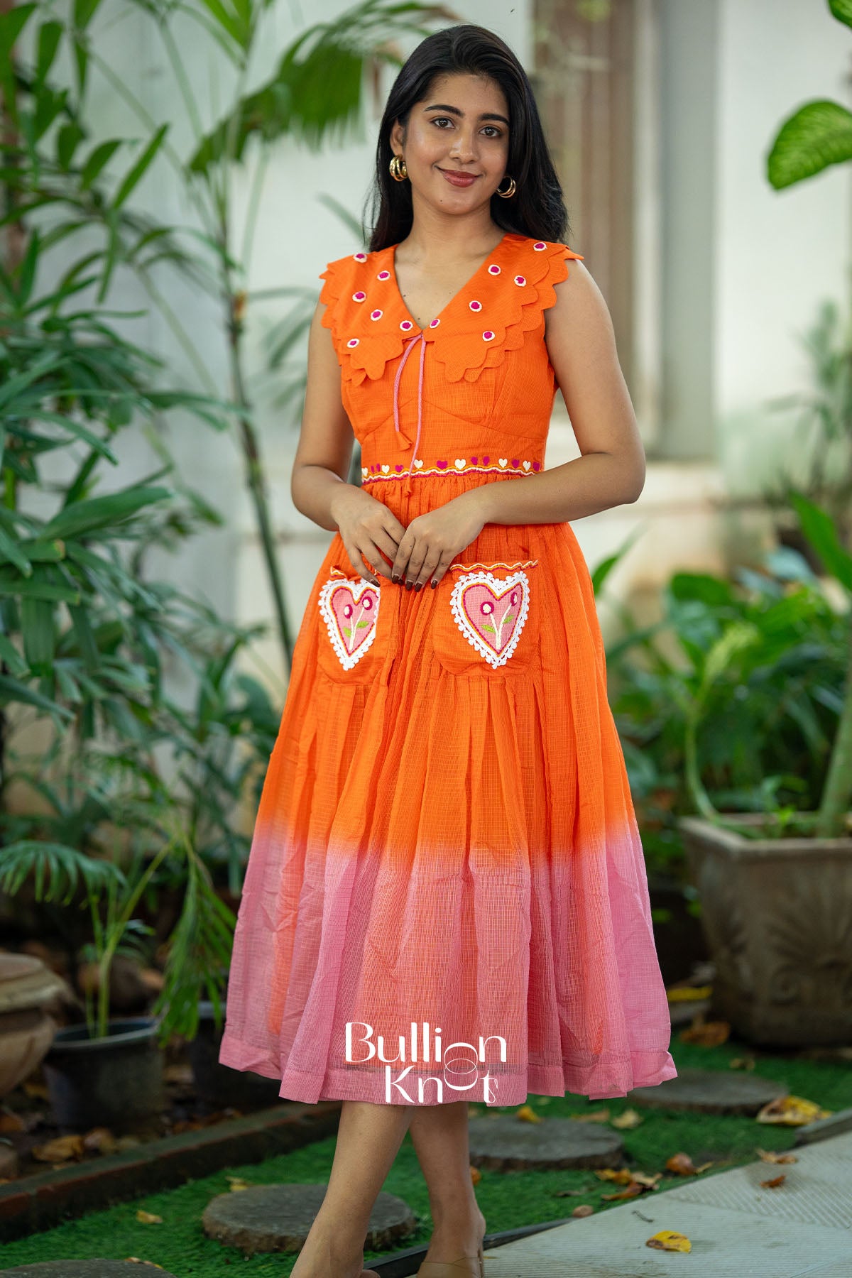Ombre Pockets Orange Midi Dress - Stylish Everyday Wear | Bullionknot Ombre Pockets Orange Midi Dress - Stylish Everyday Wear | Bullionknot