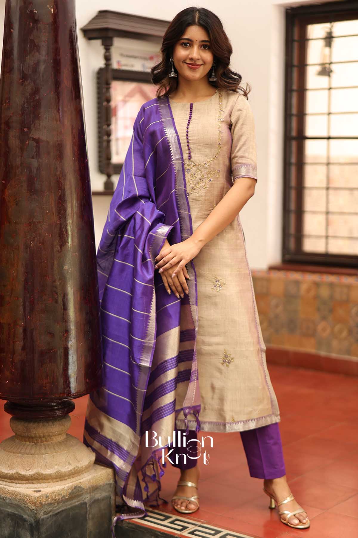 Pankti |Manglagiri Cotton Gray and Purple Suit set