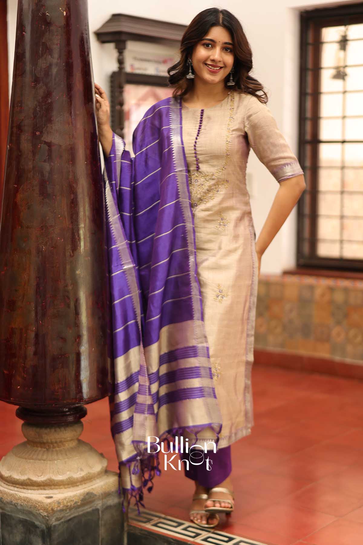 Pankti |Manglagiri Cotton Gray and Purple Suit set