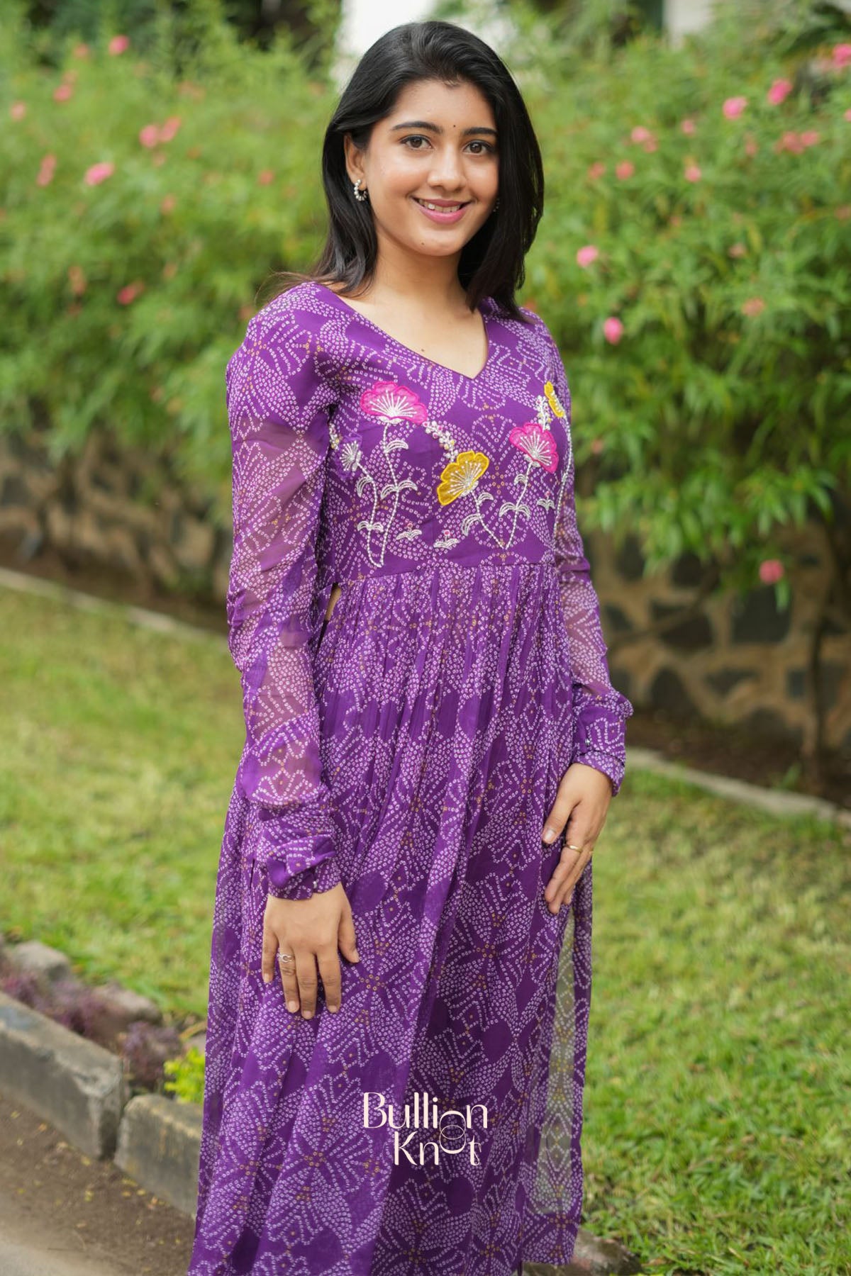 Panna Bandhej Kurta Set in Purple