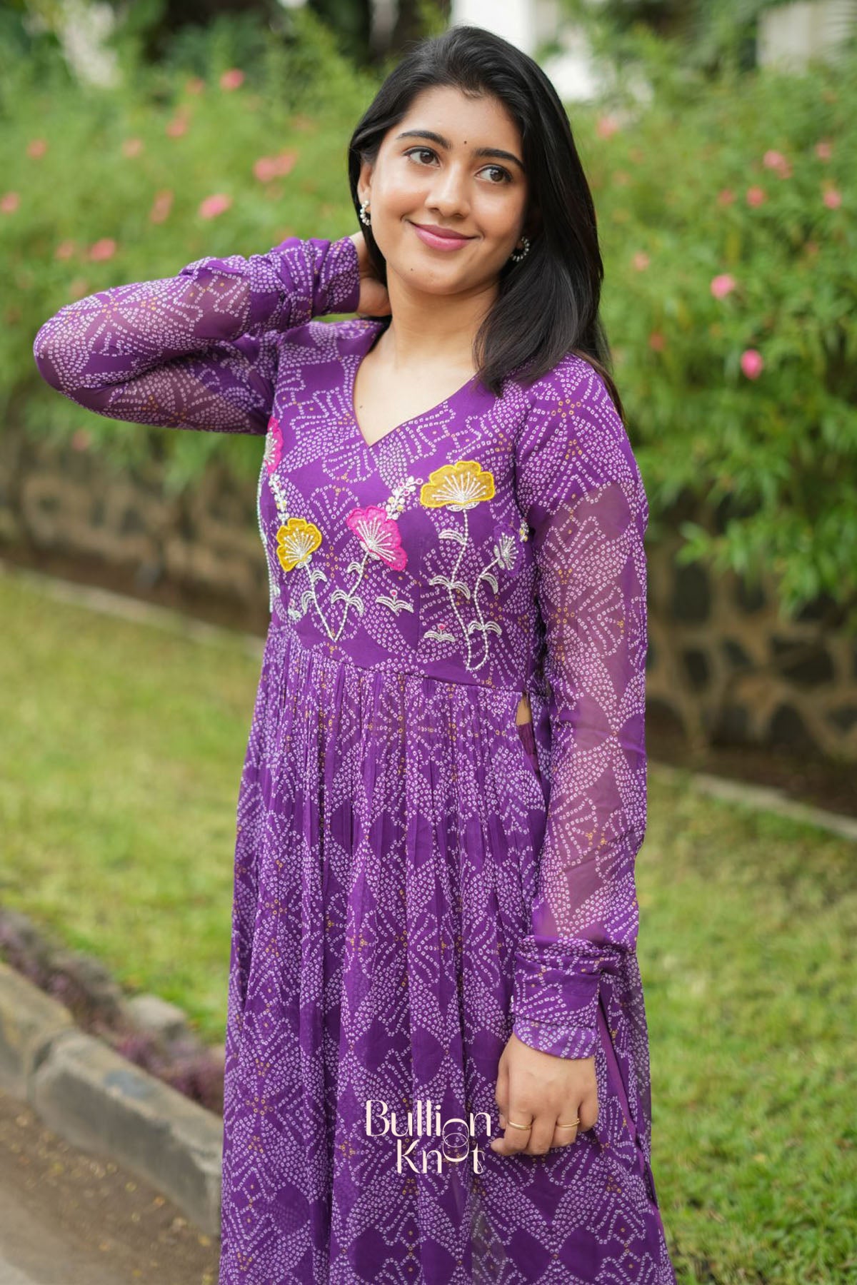 Panna Bandhej Kurta Set in Purple