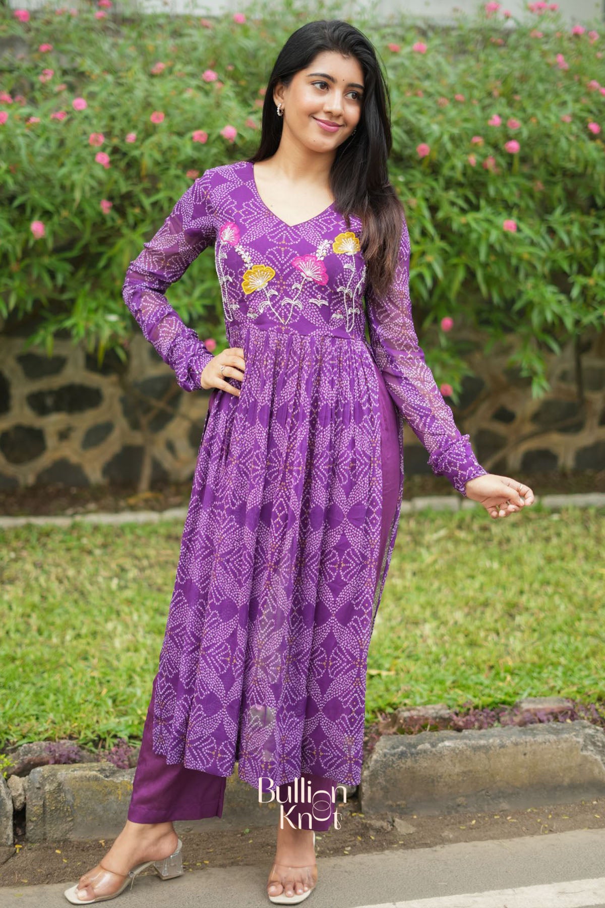 Panna Bandhej Kurta Set in Purple