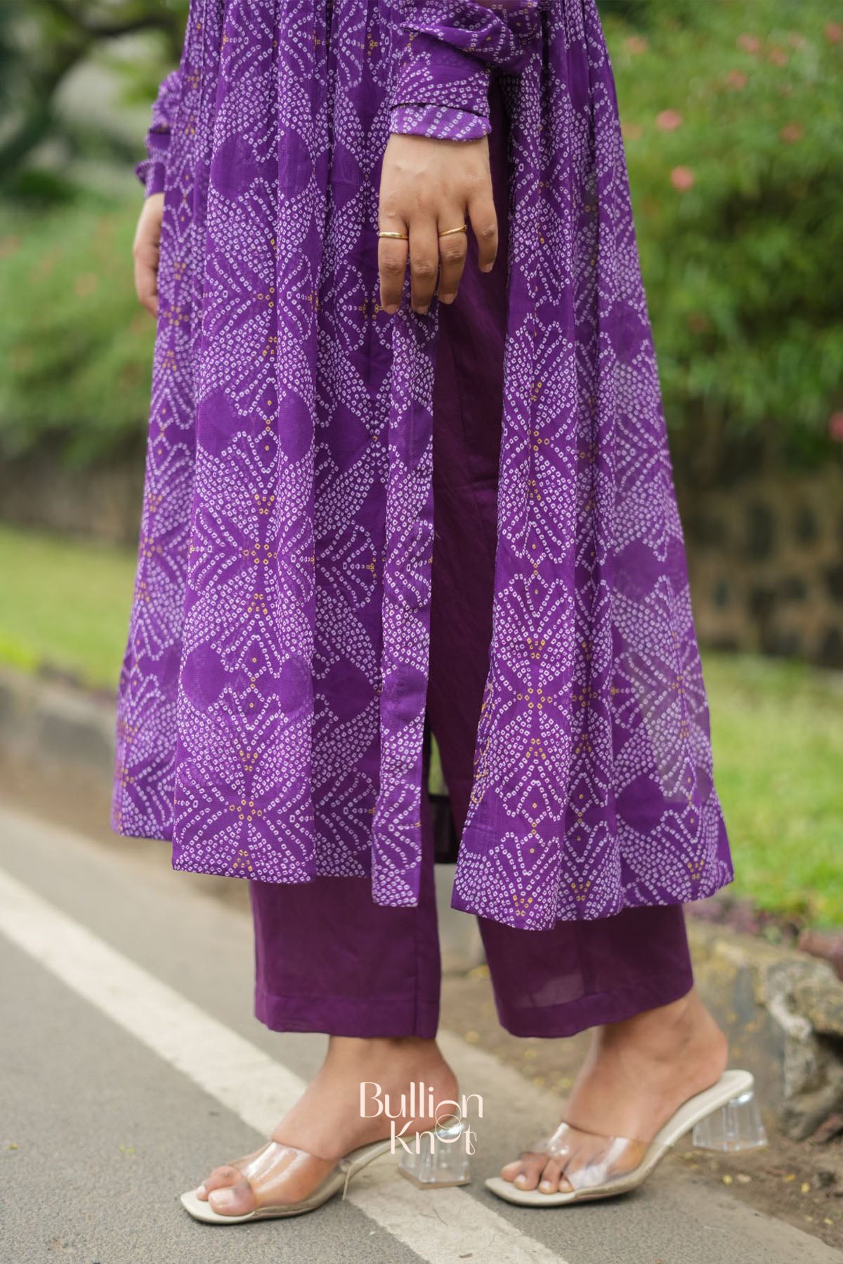 Panna Bandhej Kurta Set in Purple