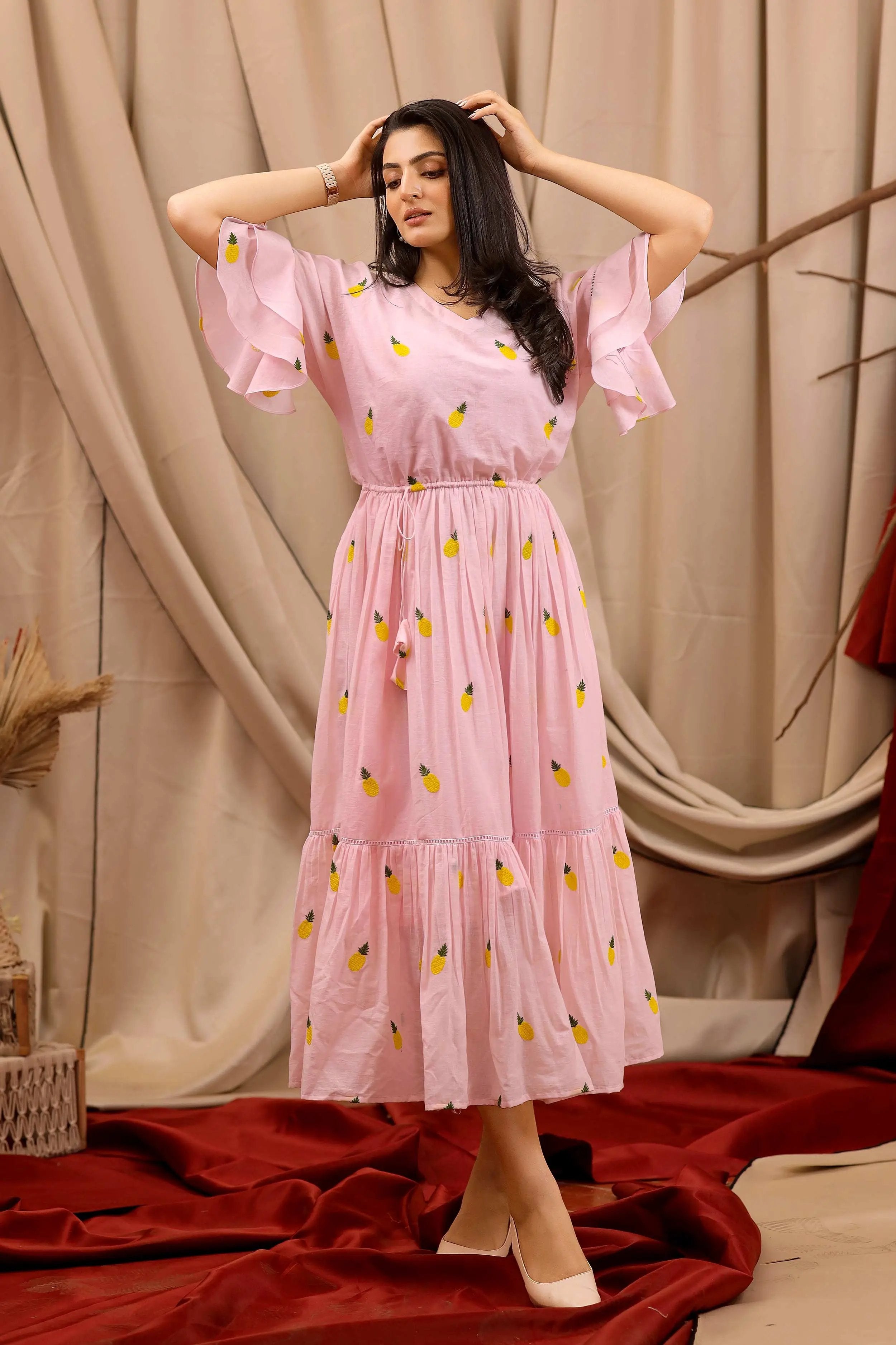 a woman in cotton pink Long dress - Bullionknot