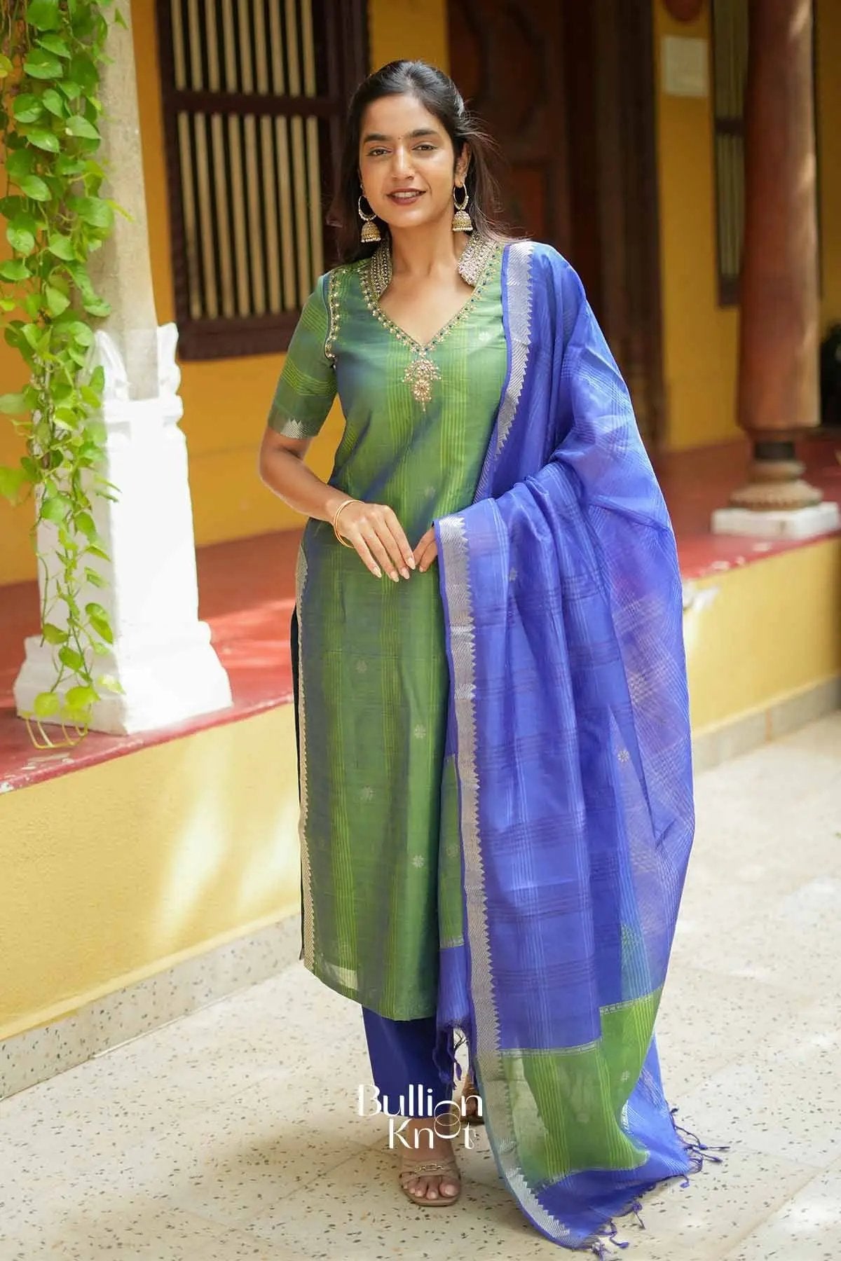 Prerna | Pure Mangalagiri Zari Border Bottle Green Anarkali Suit Set for Pujas