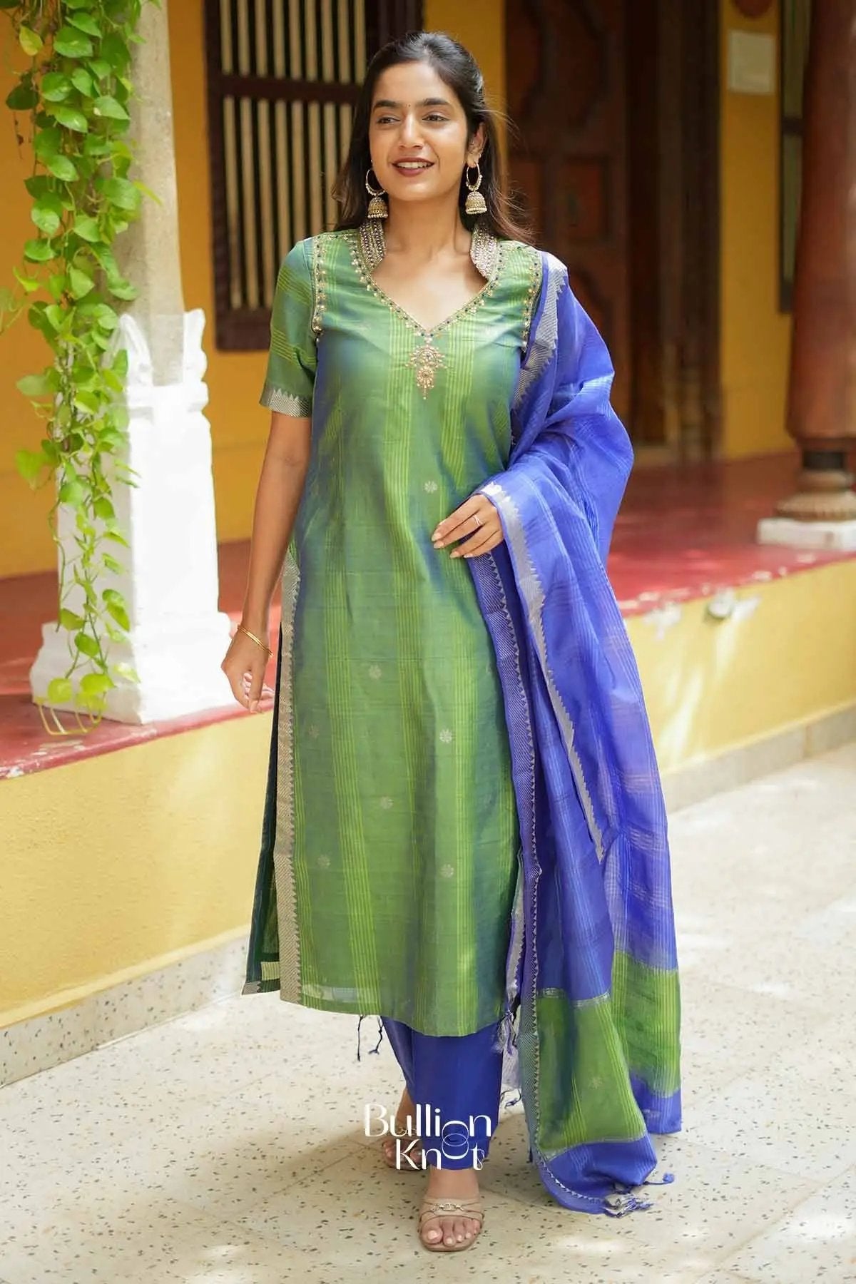 Prerna | Pure Mangalagiri Zari Border Bottle Green Anarkali Suit Set for Pujas
