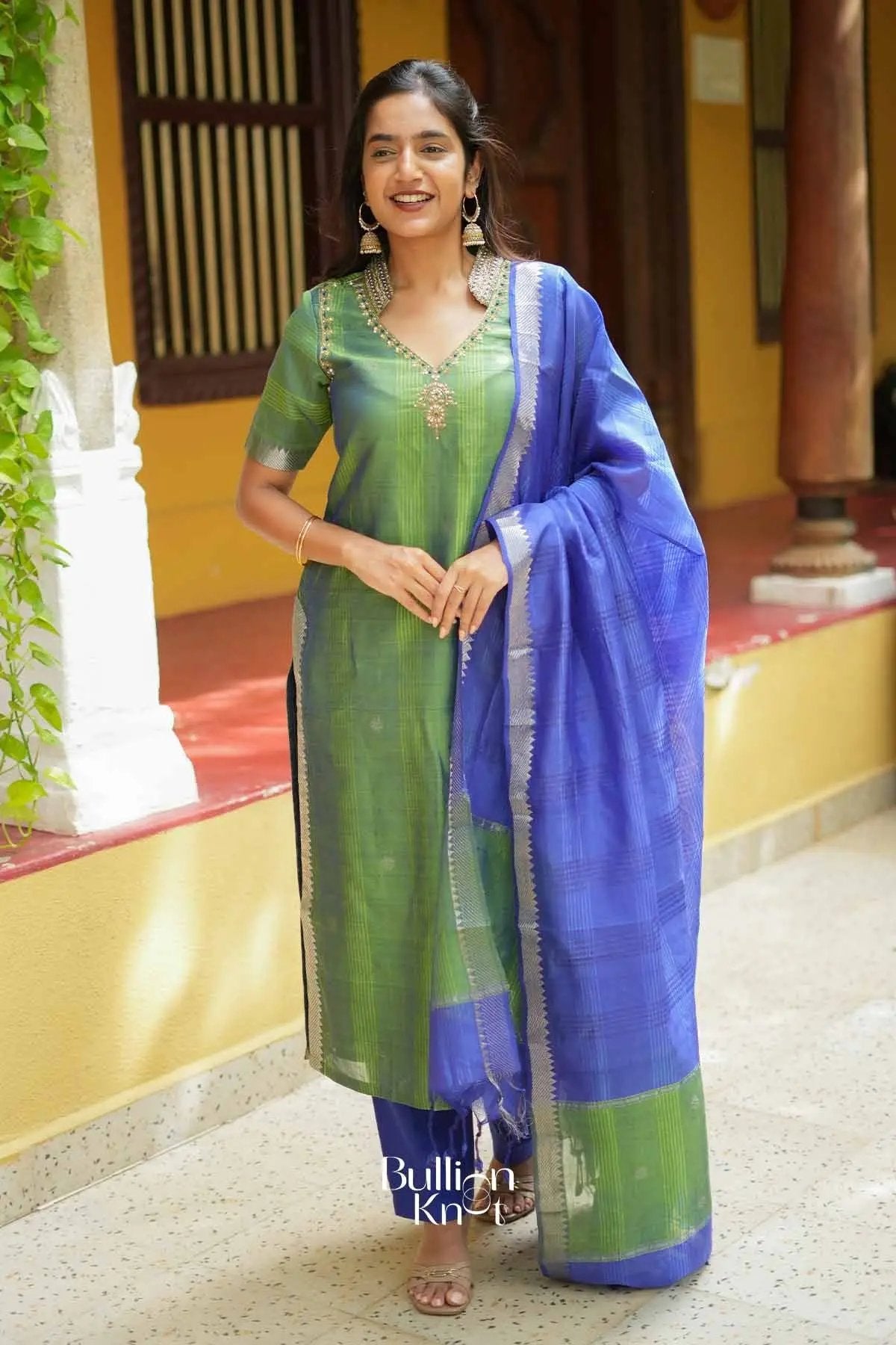 Prerna | Pure Mangalagiri Zari Border Bottle Green Anarkali Suit Set for Pujas