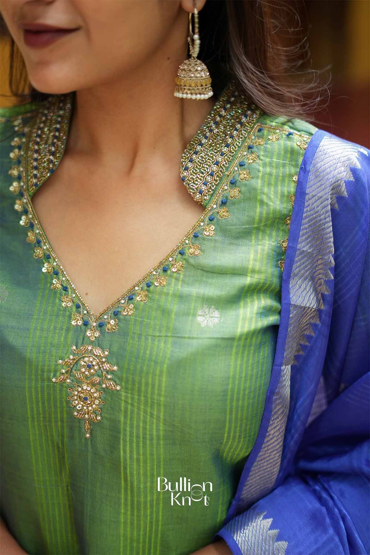 Prerna | Pure Mangalagiri Zari Border Bottle Green Anarkali Suit Set for Pujas