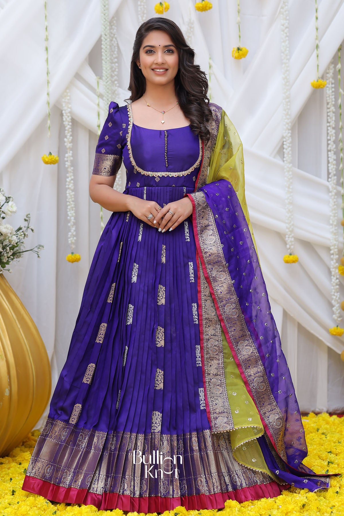 Queen Blue Kanchi Border Anarkali Pattu Dress Bullion Knot