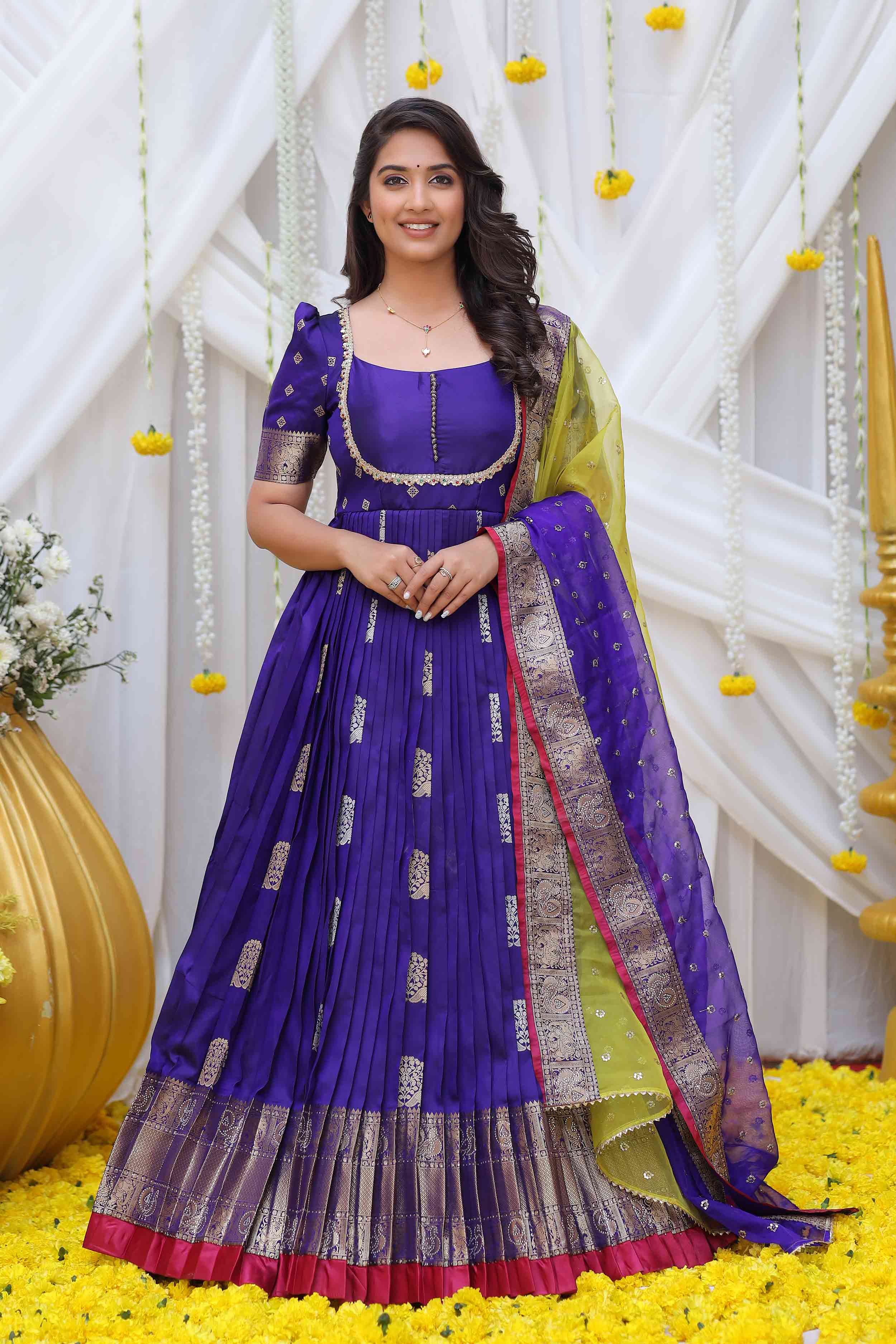 Queen Blue Kanchi Border Pattu Anarkali dress