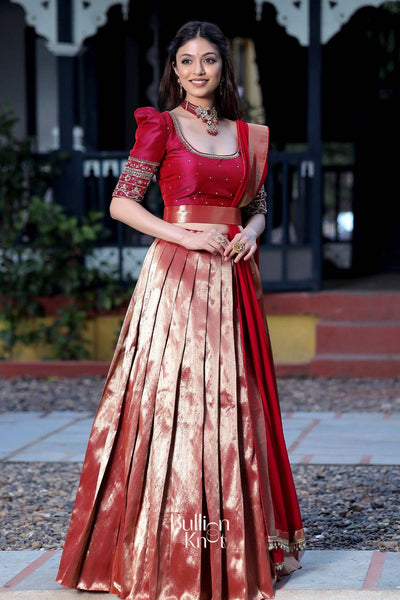 Saffron Banarasi Lehenga Set in Wine