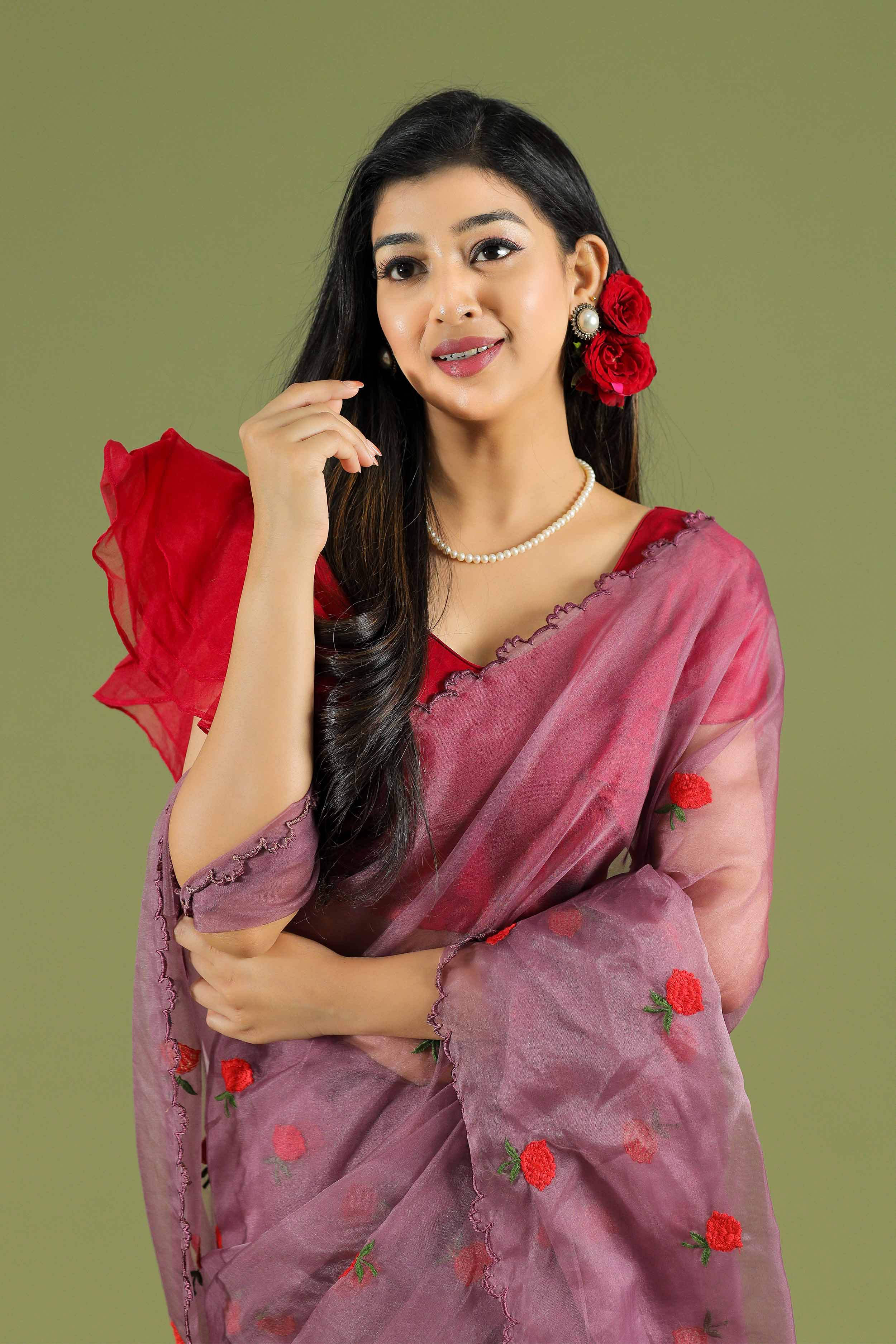 Damson & Red Shatpatri Organza Saree - Bullionknot