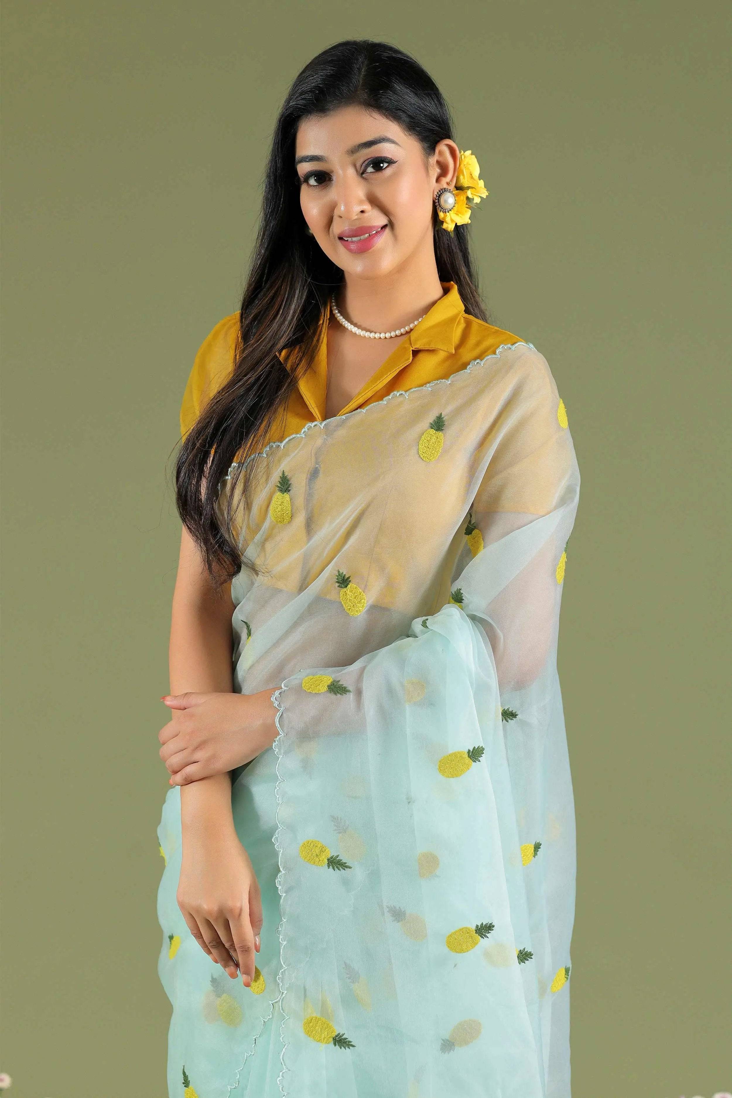 Yellow & Iceland Blue Ananas Organza Saree - Bullionknot