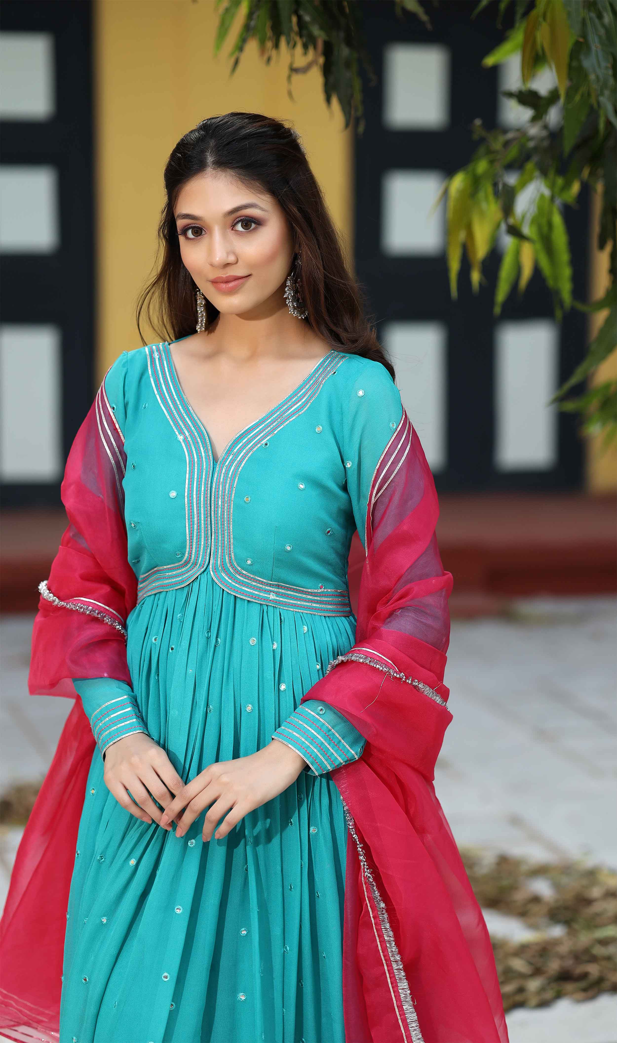 teal blue georgette anarkali dress with red dupatta