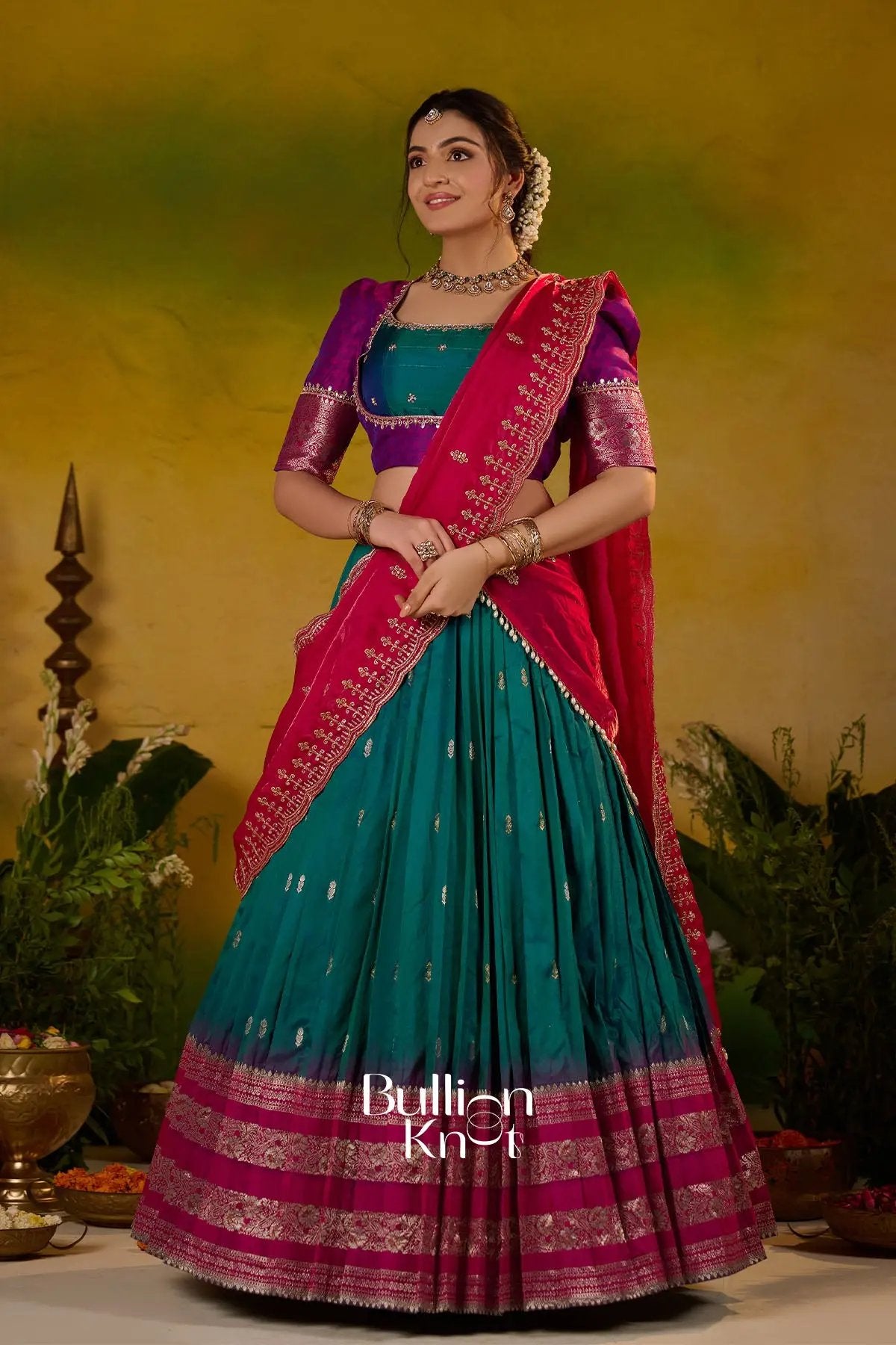 Rama Roshni Gadval Silk Lehenga Set In Peacock blue