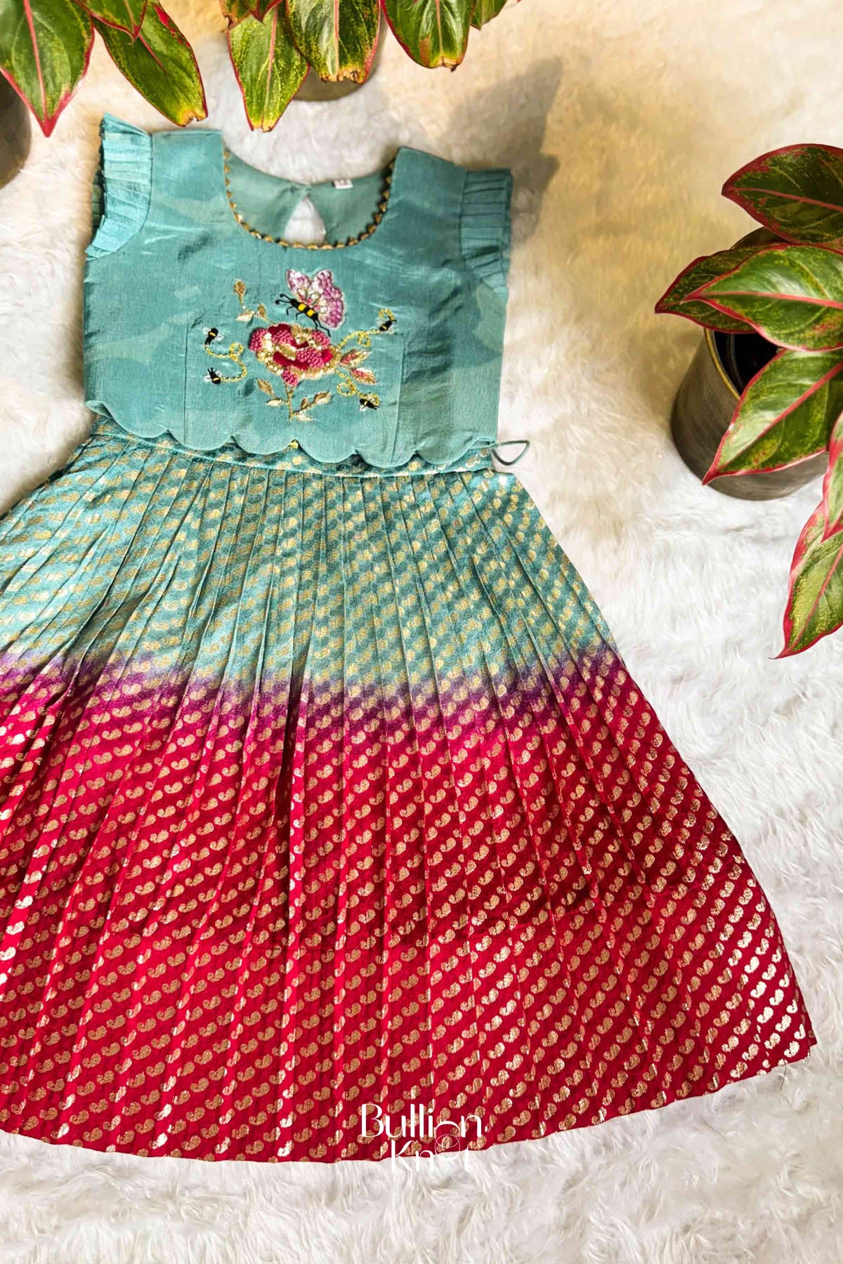 Baby Raspberry Lehenga Set In Aqua & Red