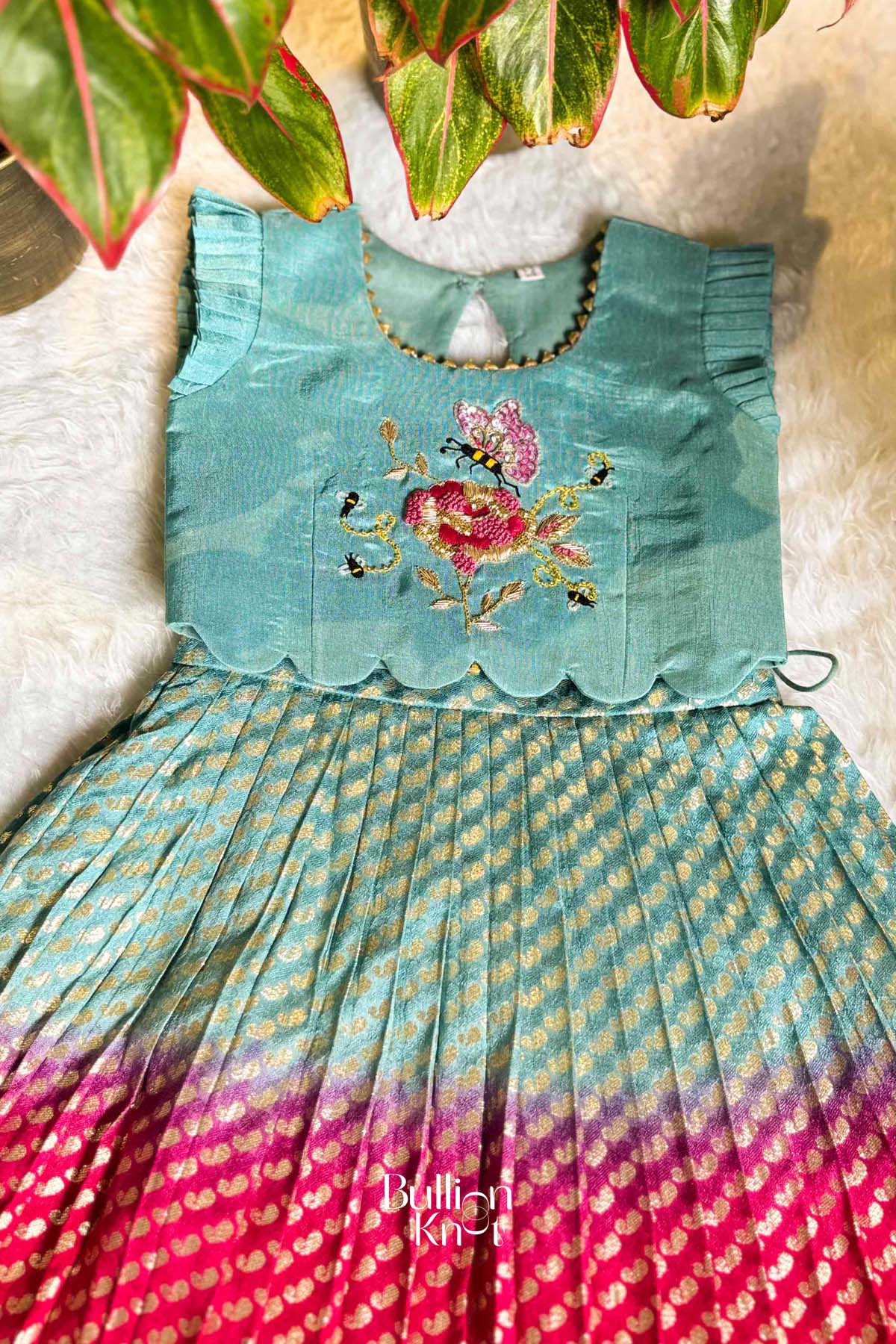 Baby Raspberry Lehenga Set In Aqua & Red