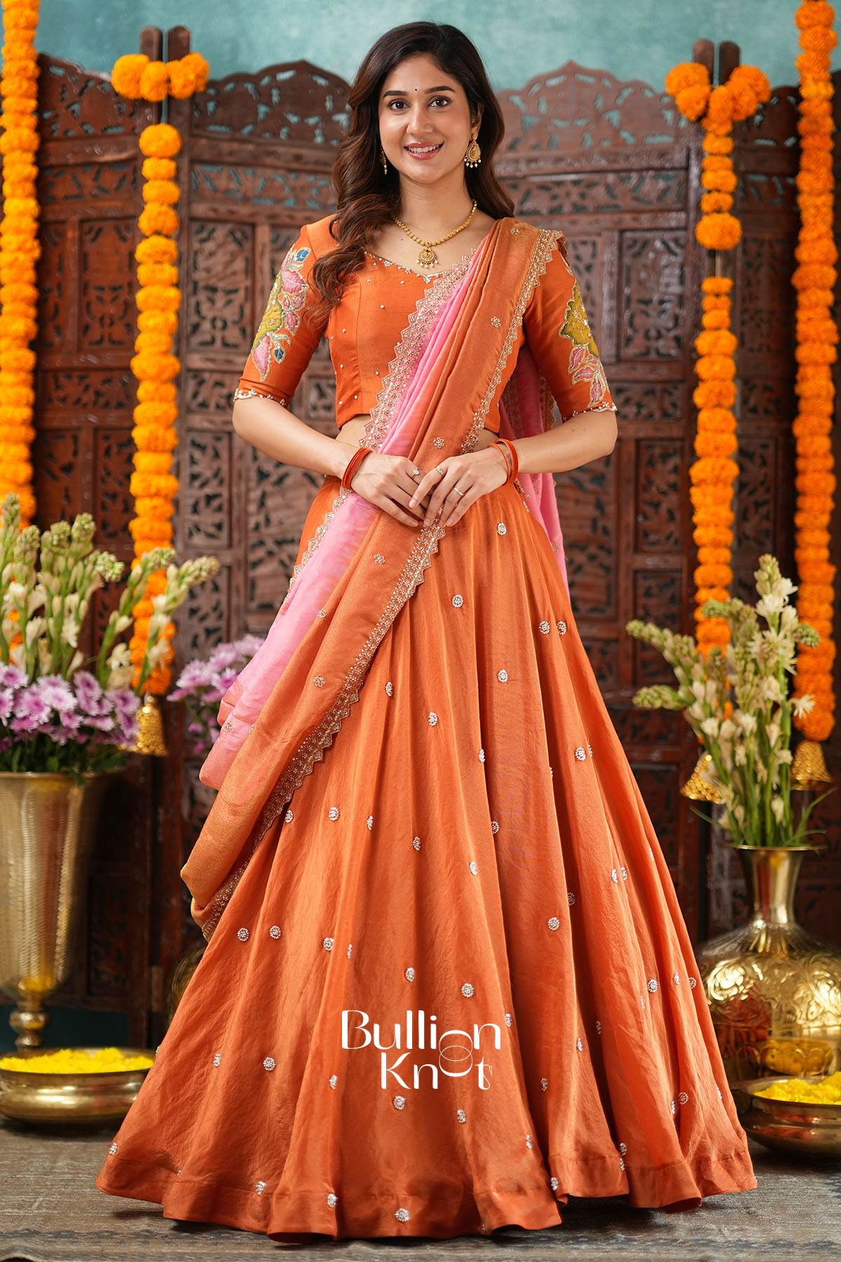 Can Can Skirt + Rudhira Rusty Orange Golden Tissue Lehenga Set