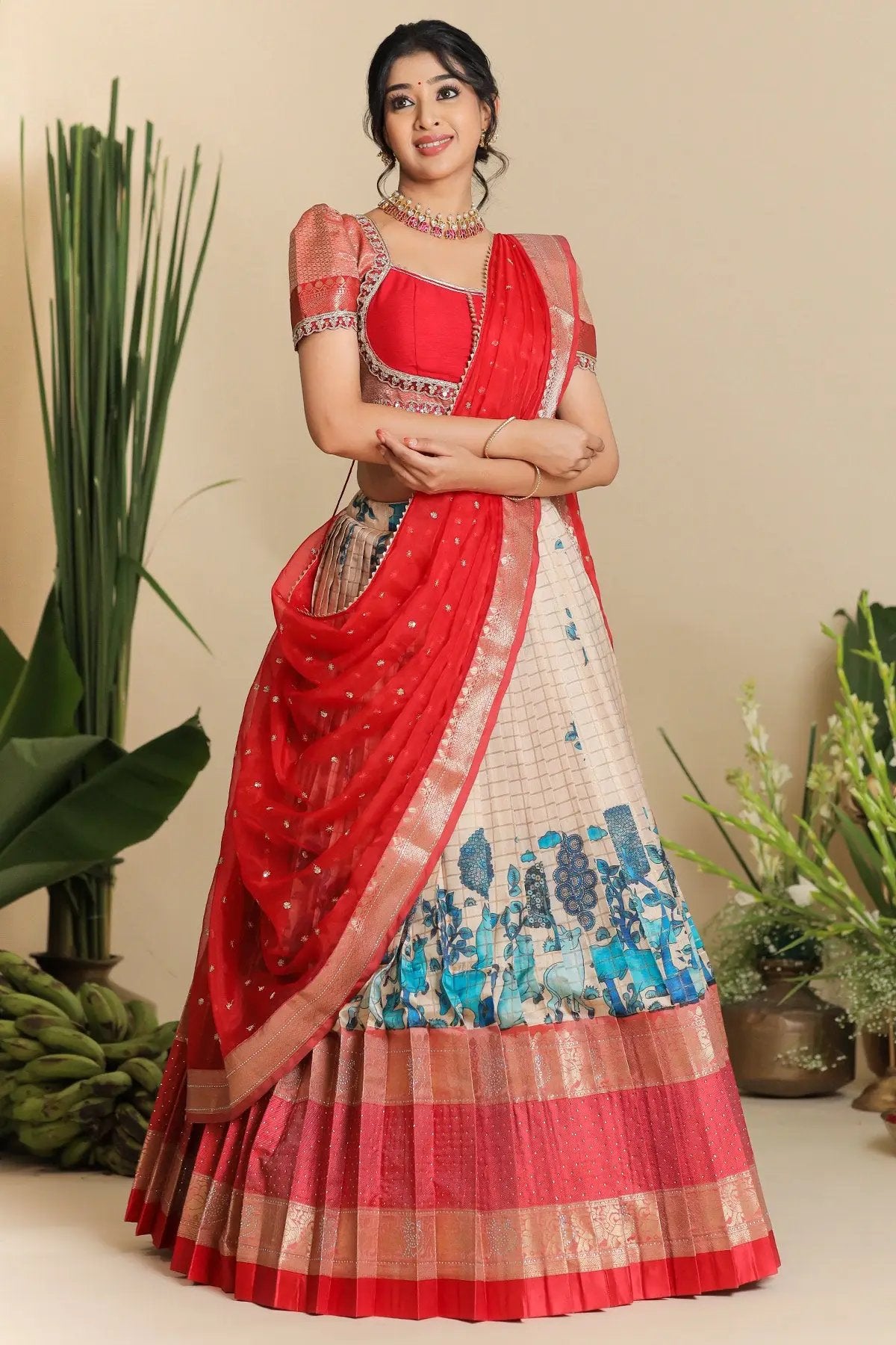 Sophisticated Saloni Banarasi Lehenga Set in Red with rich texture