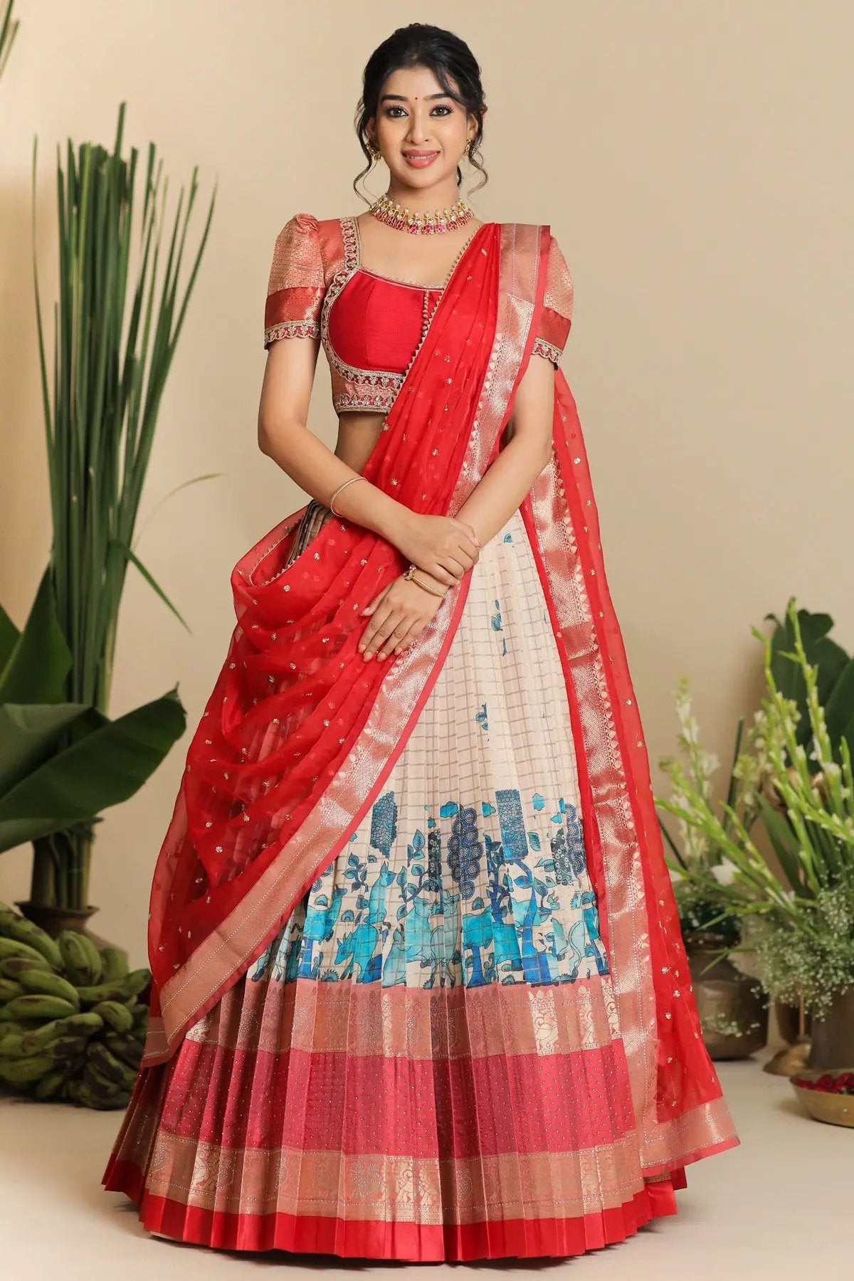 Traditional Saloni Banarasi Lehenga Set in Red with detailed work