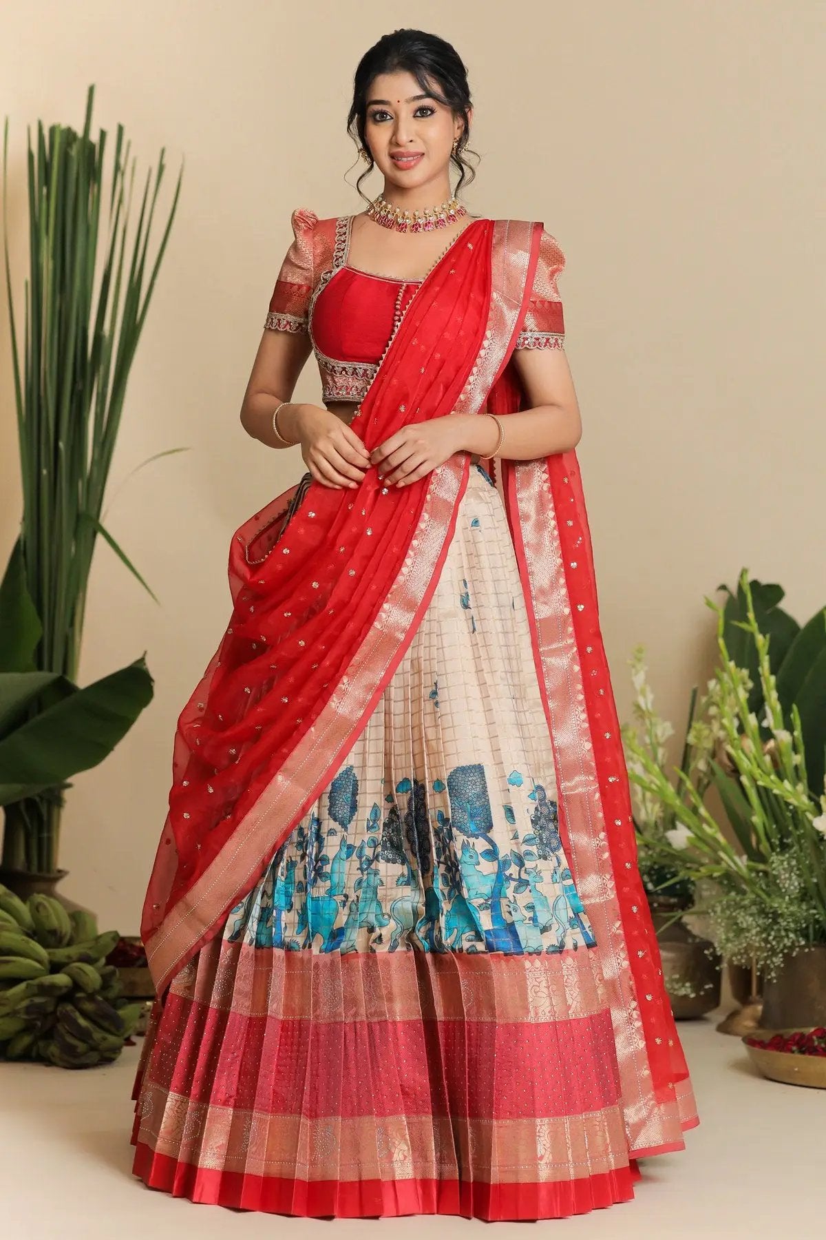 Stylish Saloni Banarasi Lehenga Set in Red with vibrant colors