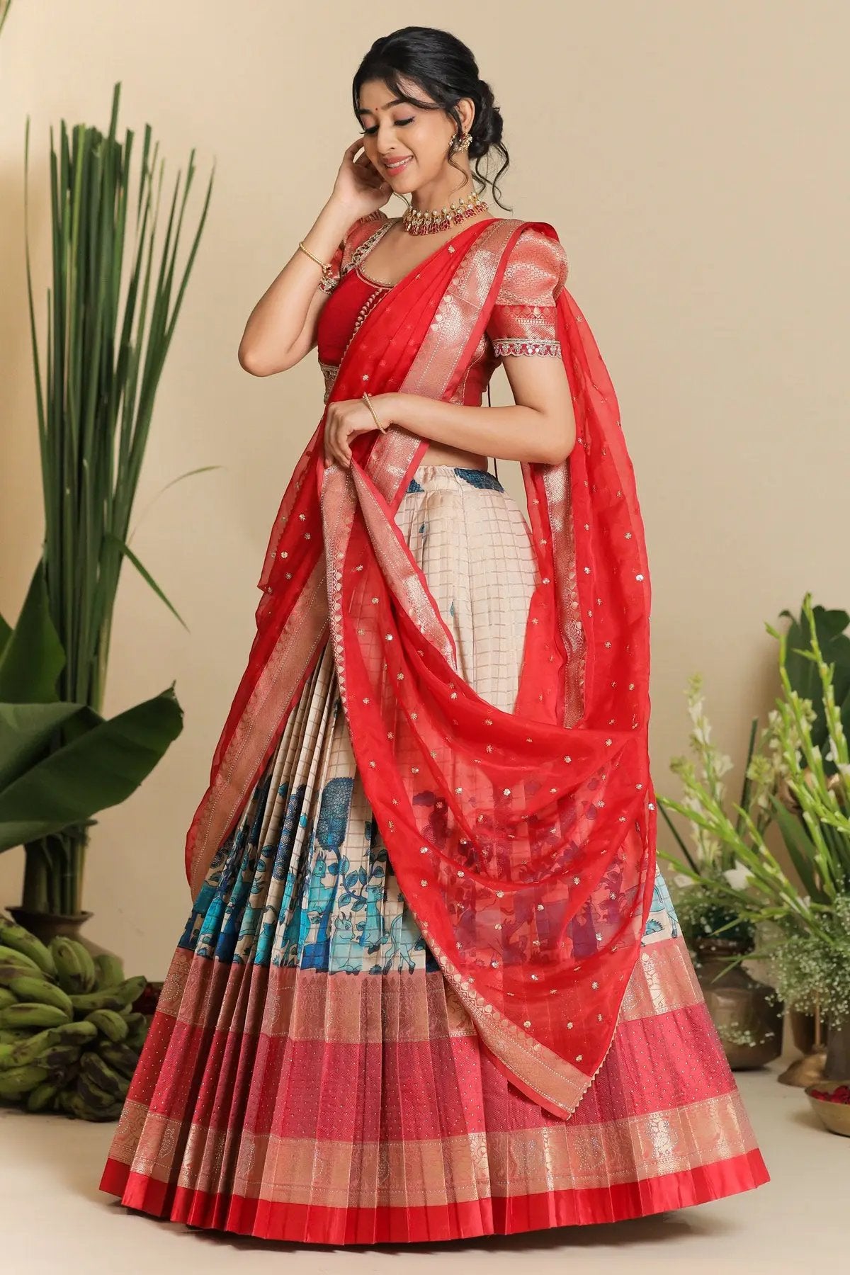 Chic Saloni Banarasi Lehenga Set in Red with exquisite embroidery