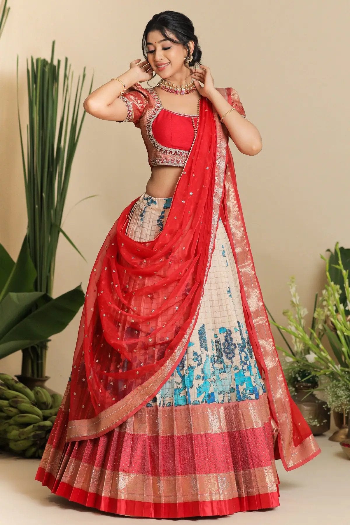 Graceful Saloni Banarasi Lehenga Set in Red with elegant drape