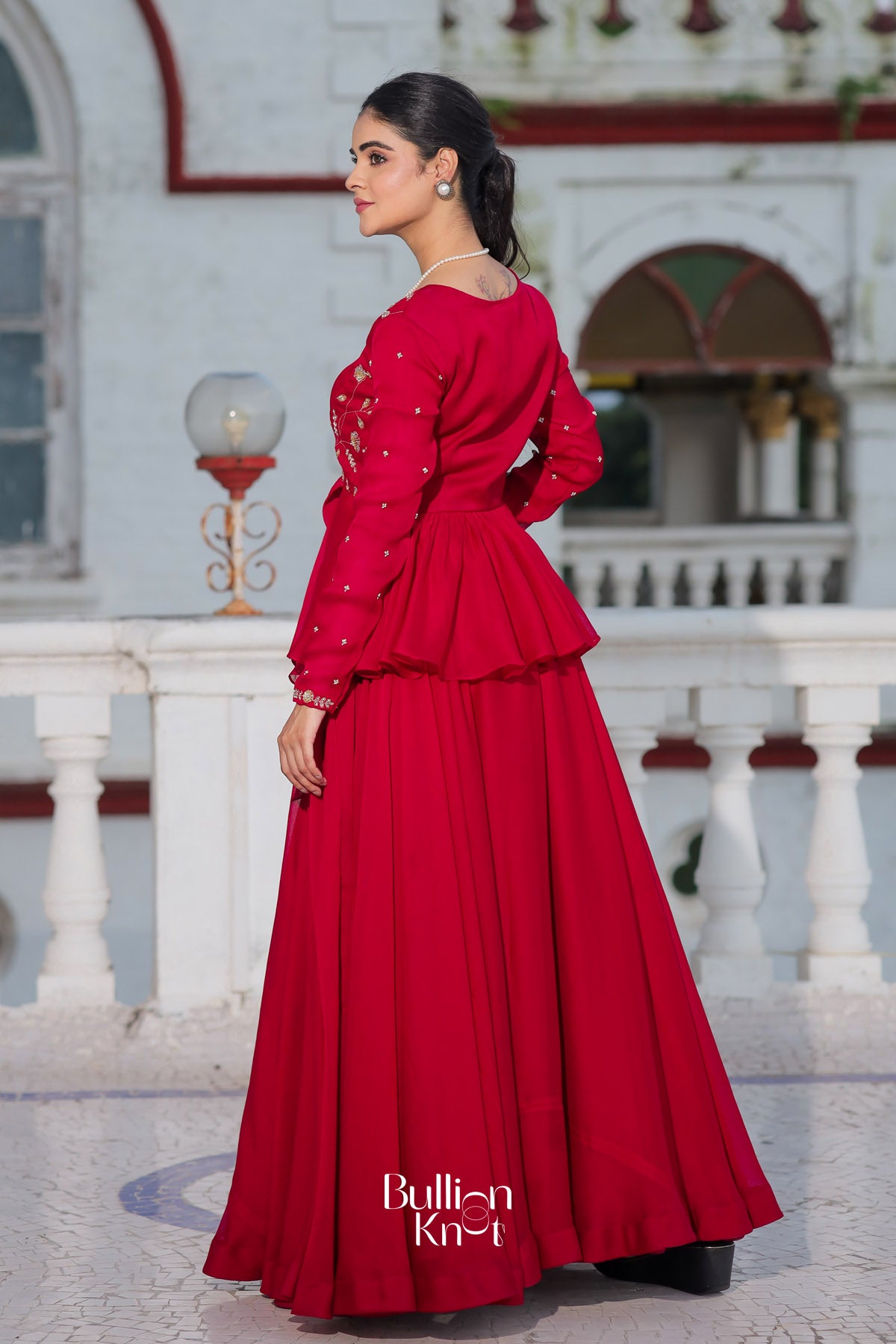 indo western red dress Lehenga Indo Western Dress For Women RED INDO-WESTERN FRONT SLIT GOWN FOR WOMEN- PAIRED WITH LEHENGA
