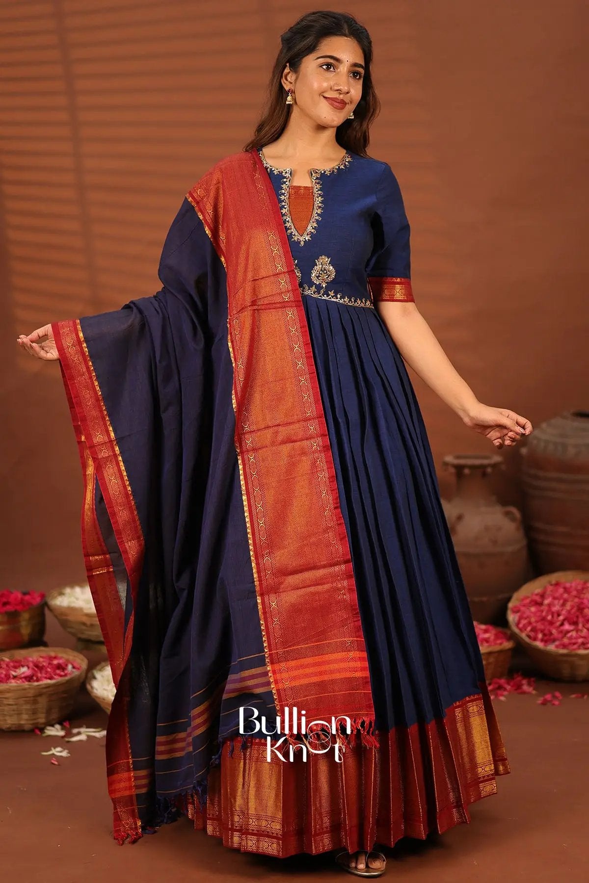 Sambhavi Blue Anarkali Suit Set - Handloom Cotton